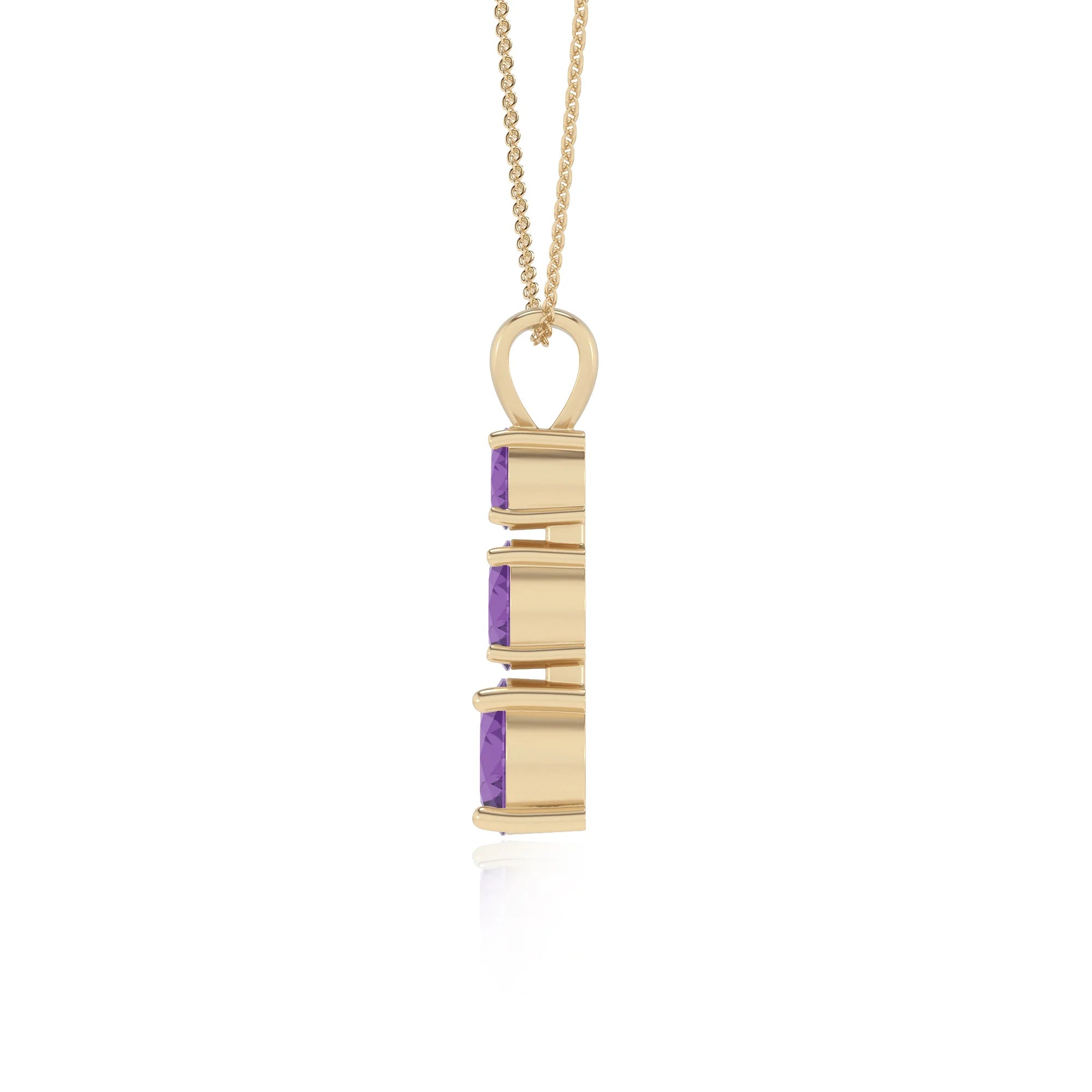 lab grown amethyst round bar v-bale necklaces in yellow gold