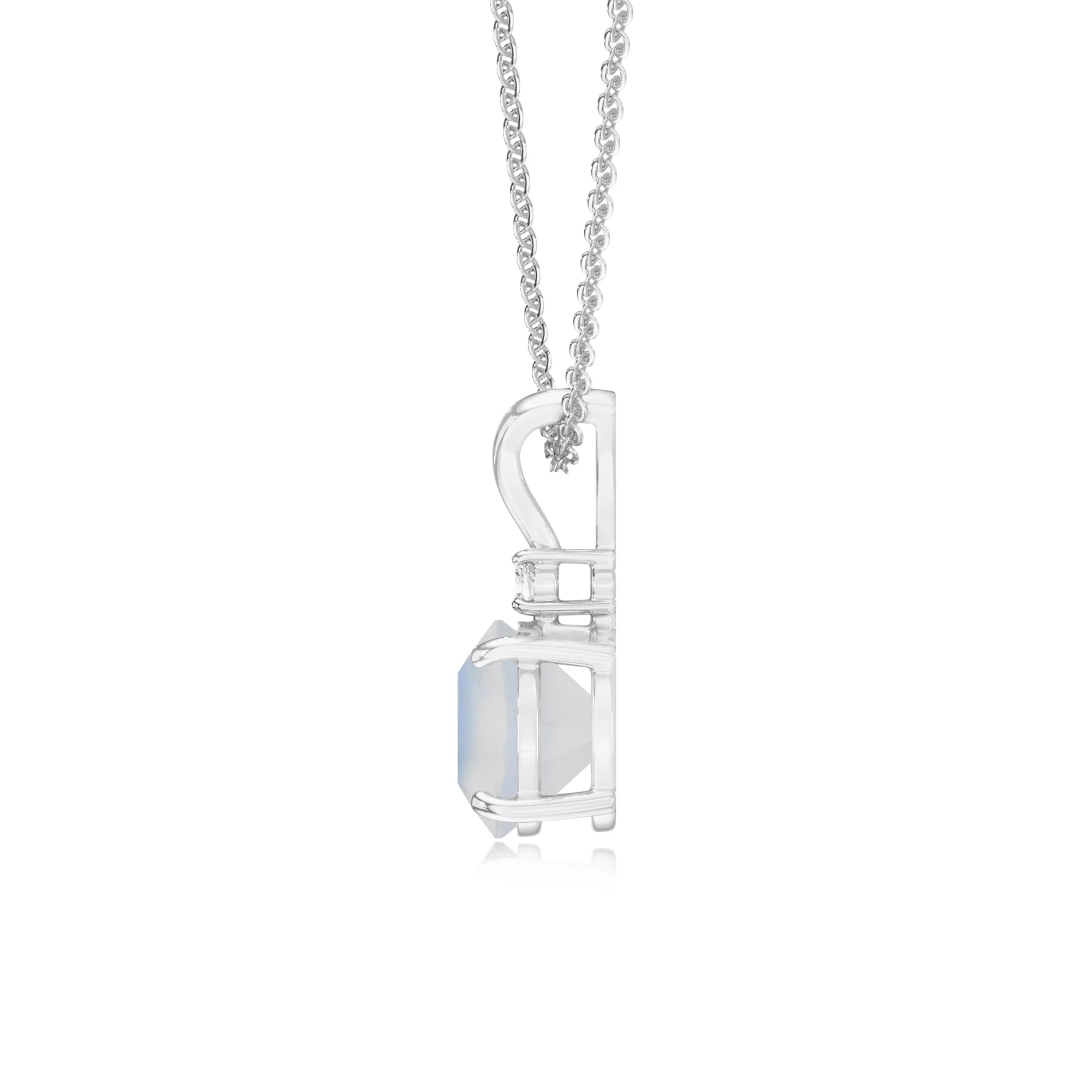 natural rainbow-moonstone cushion solitaire v-bale necklaces in platinum