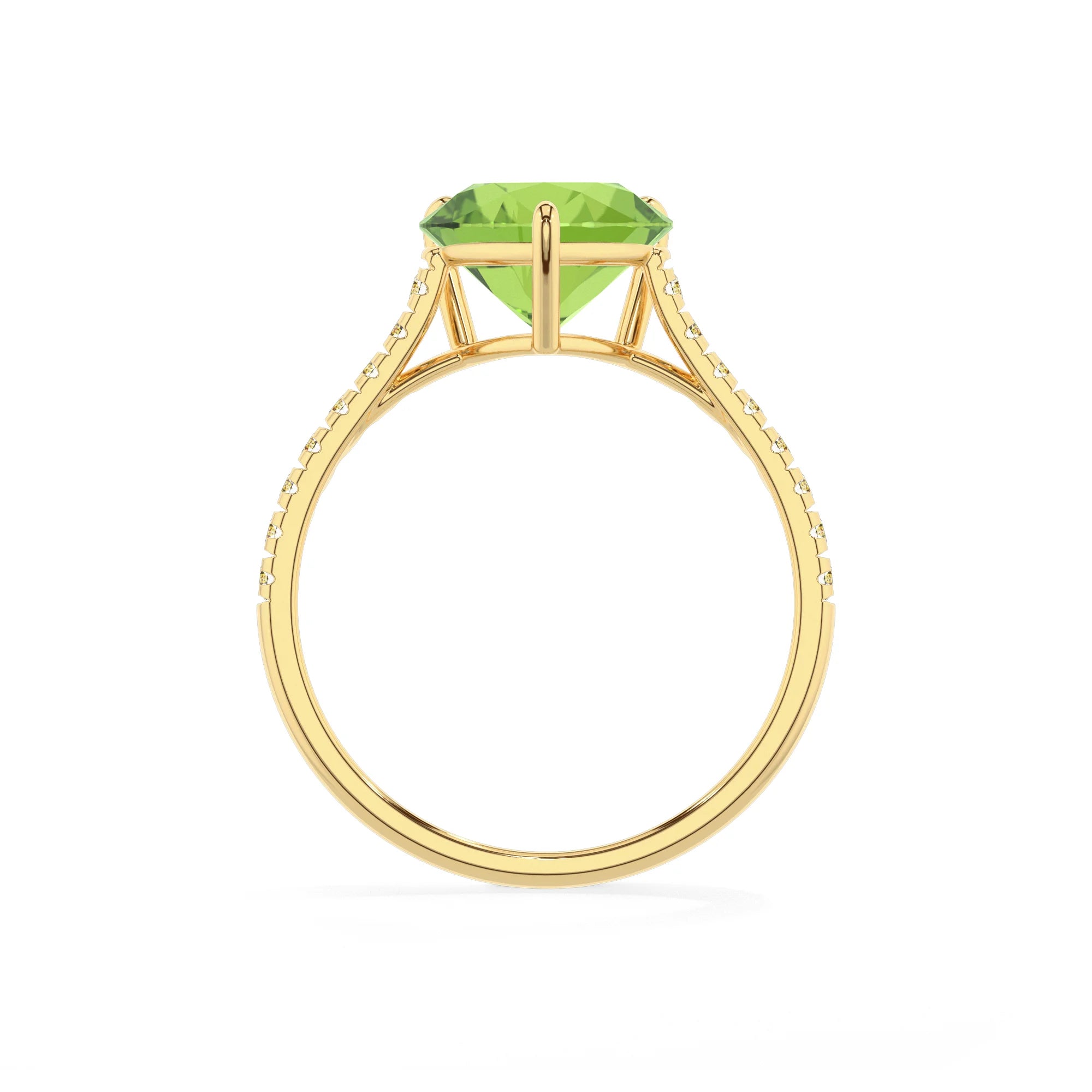 natural peridot heart half eternity solitaire engagement rings in yellow gold