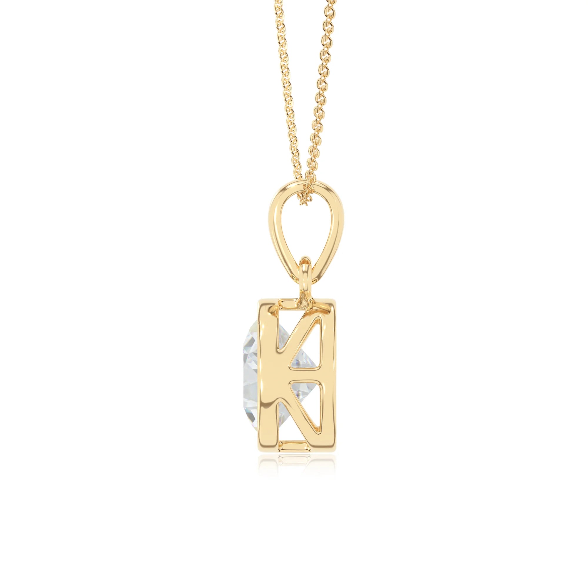 lab grown moissanite round solitaire necklaces in yellow gold