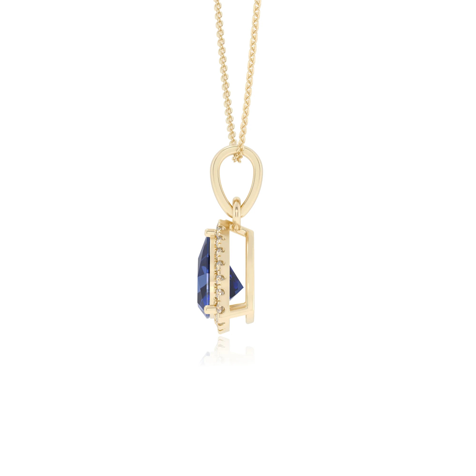 lab grown blue-sapphire trillion solitaire necklaces in yellow gold