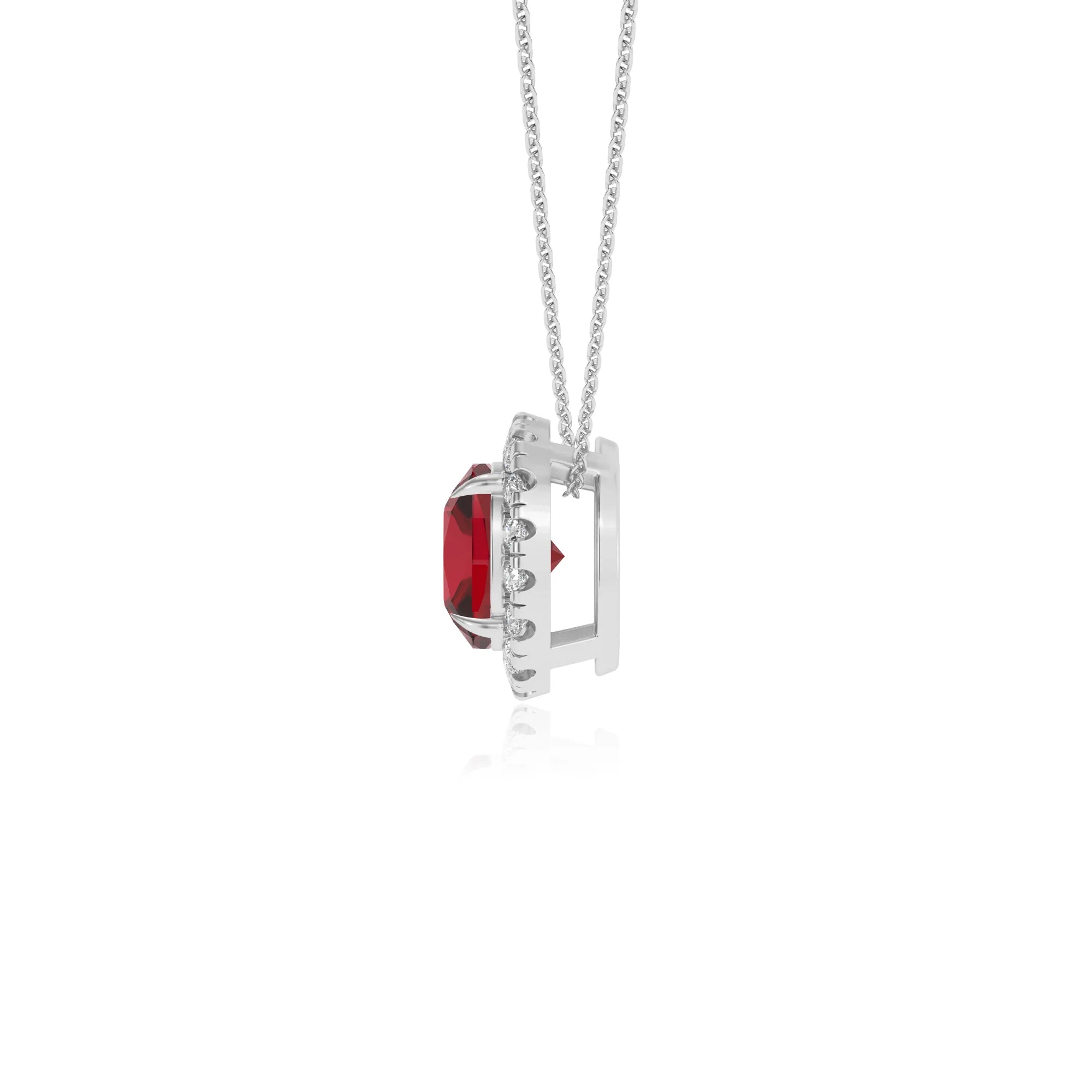 lab grown ruby cushion solitaire necklaces in platinum