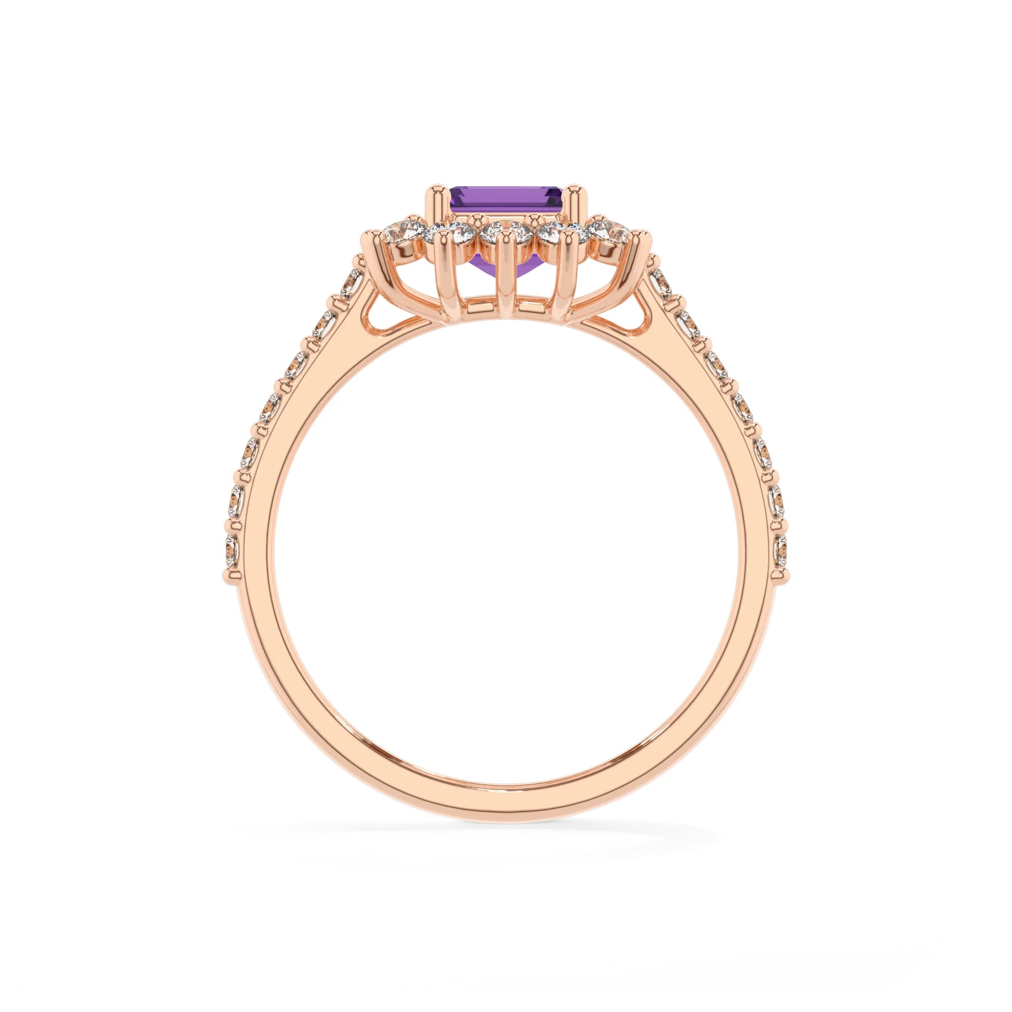 lab grown amethyst emerald cut solitaire rings in rose gold