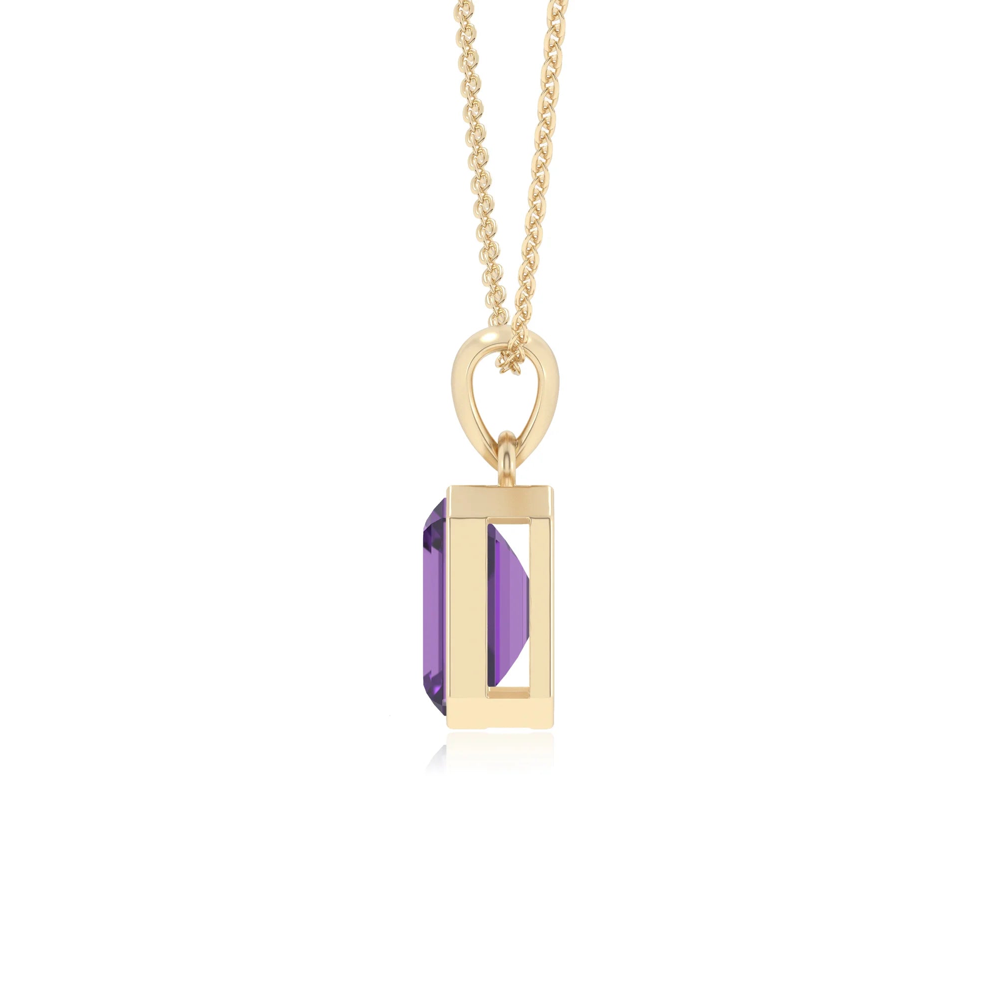 lab grown amethyst emerald cut solitaire necklaces in yellow gold