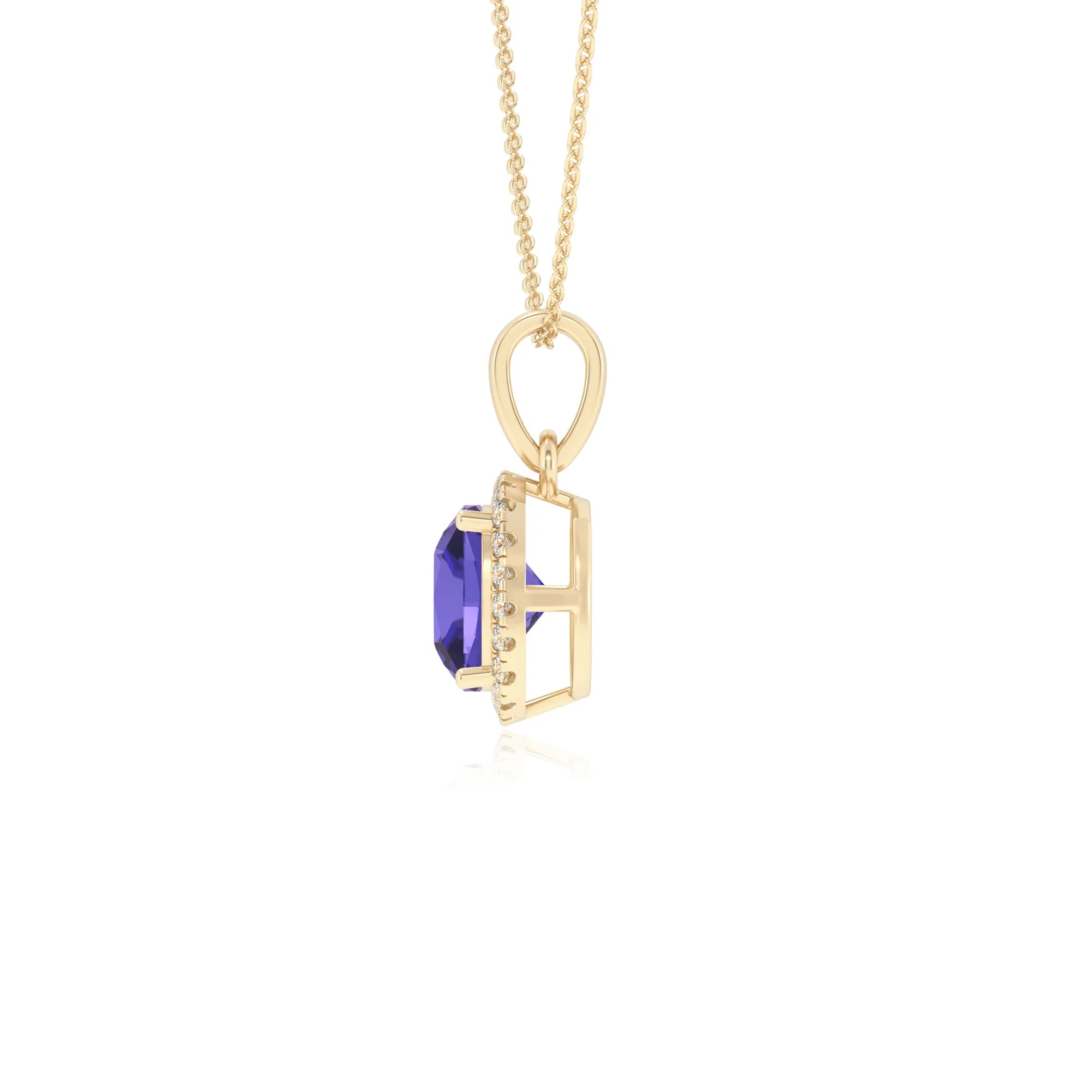 lab grown tanzanite cushion solitaire necklaces in yellow gold