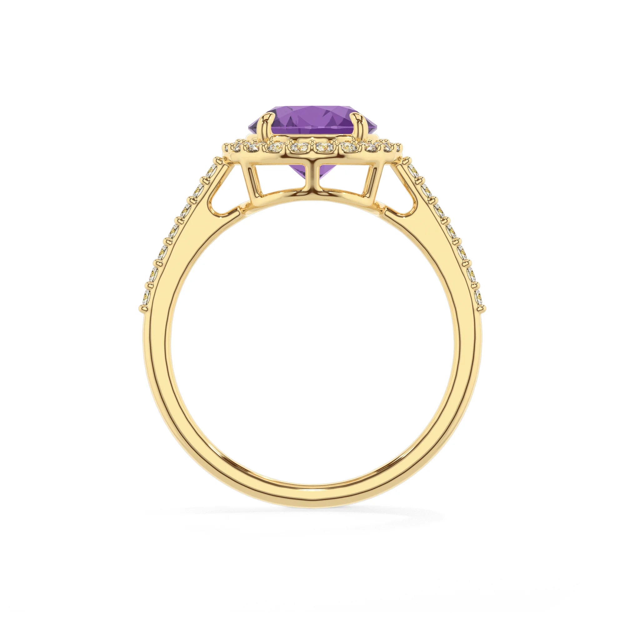 lab grown amethyst round solitaire rings in yellow gold