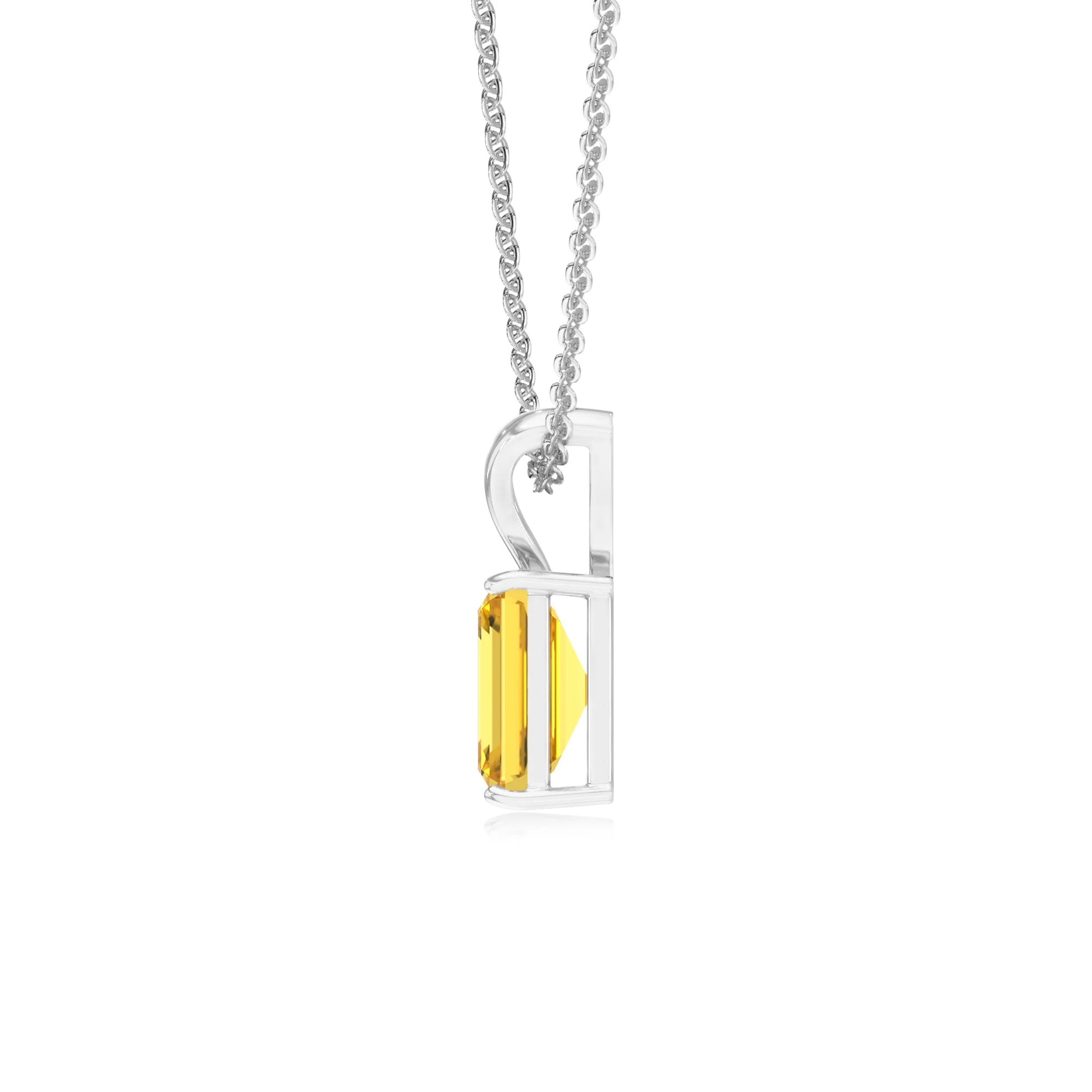 lab grown yellow-sapphire emerald cut solitaire v-bale necklaces in sterling silver