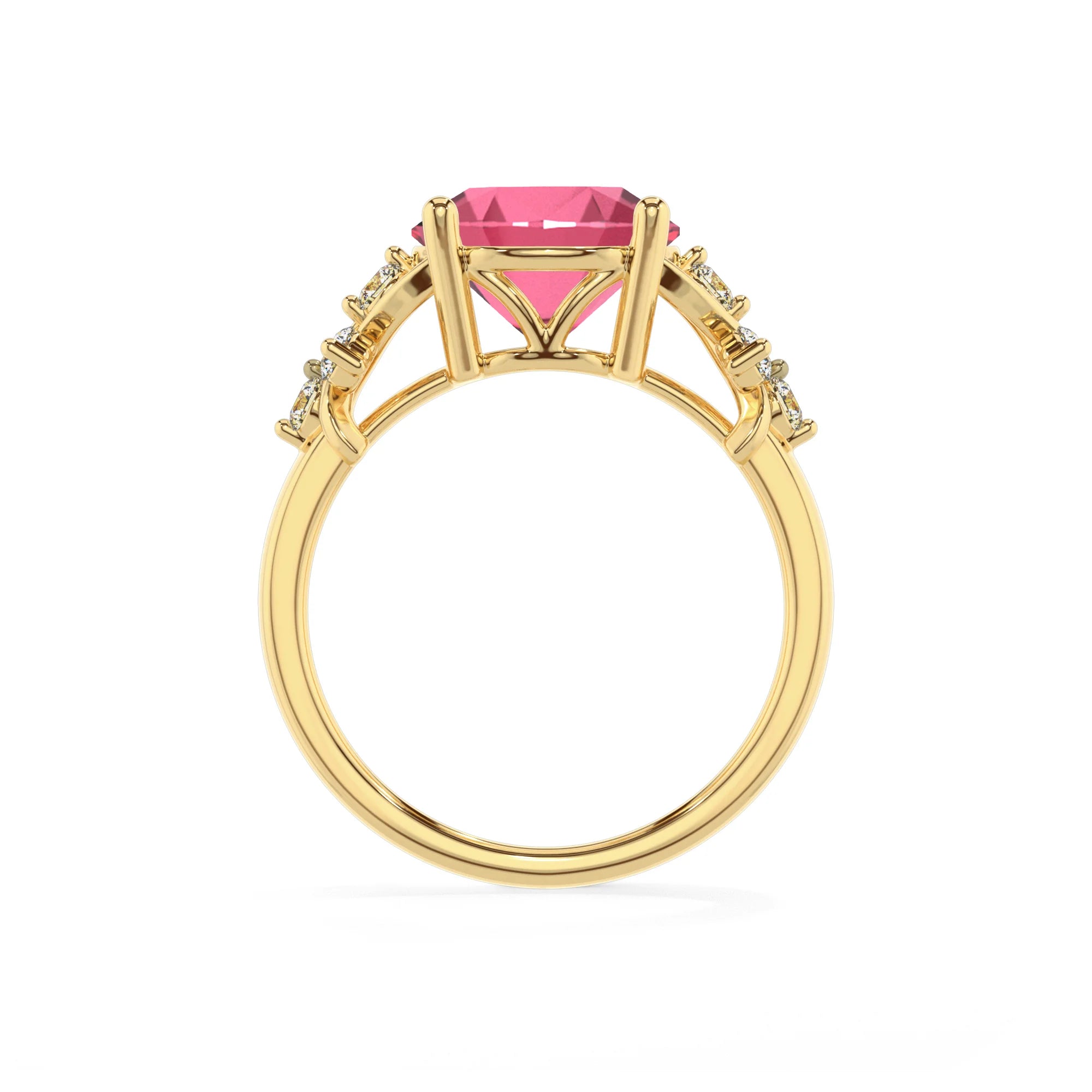 lab grown pink-tourmaline round solitaire rings in yellow gold
