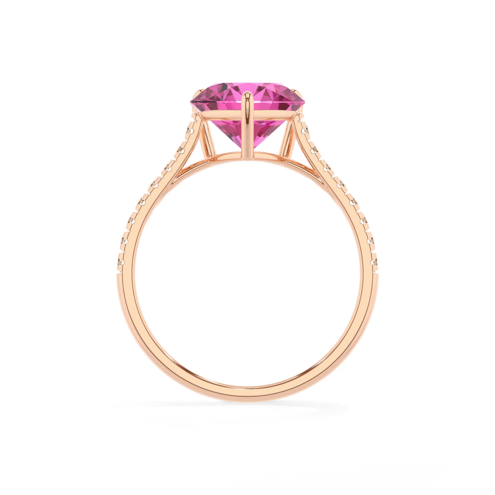 lab grown pink-sapphire heart half eternity solitaire engagement rings in rose gold