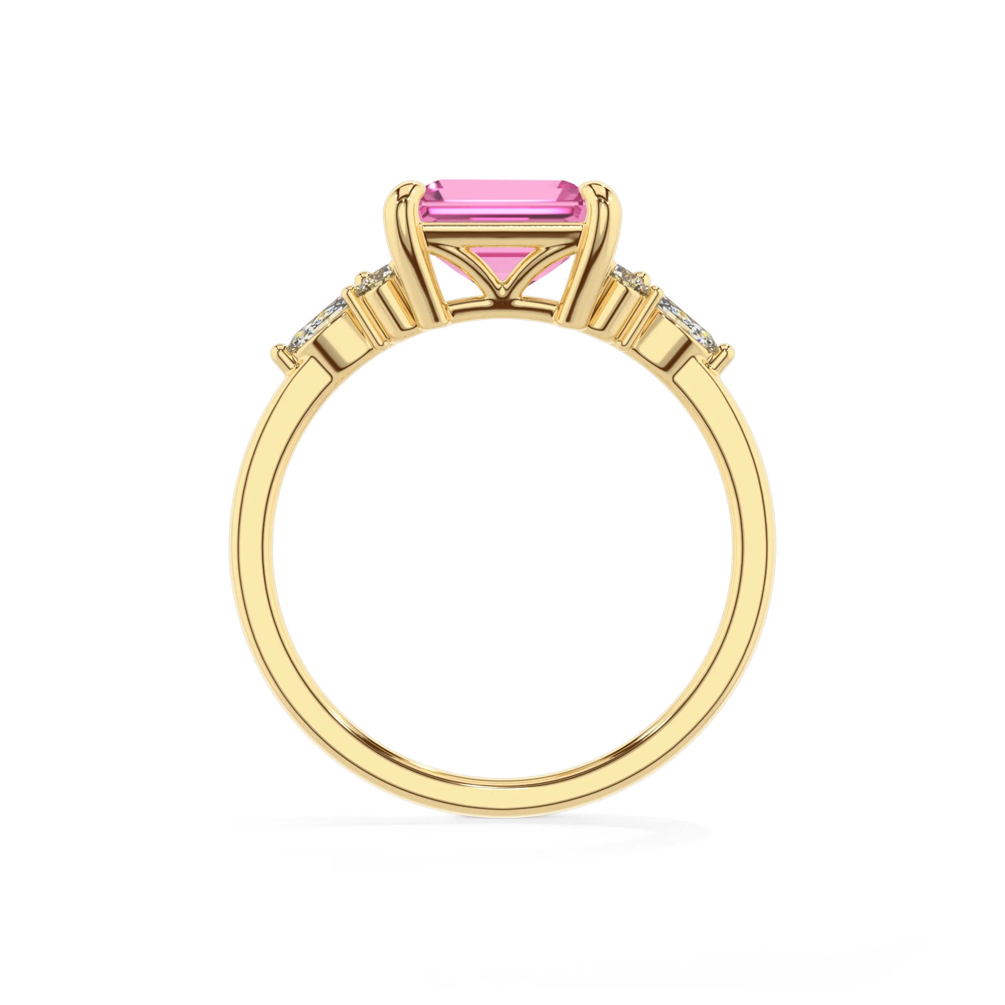 lab grown pink-sapphire emerald cut solitaire rings in yellow gold