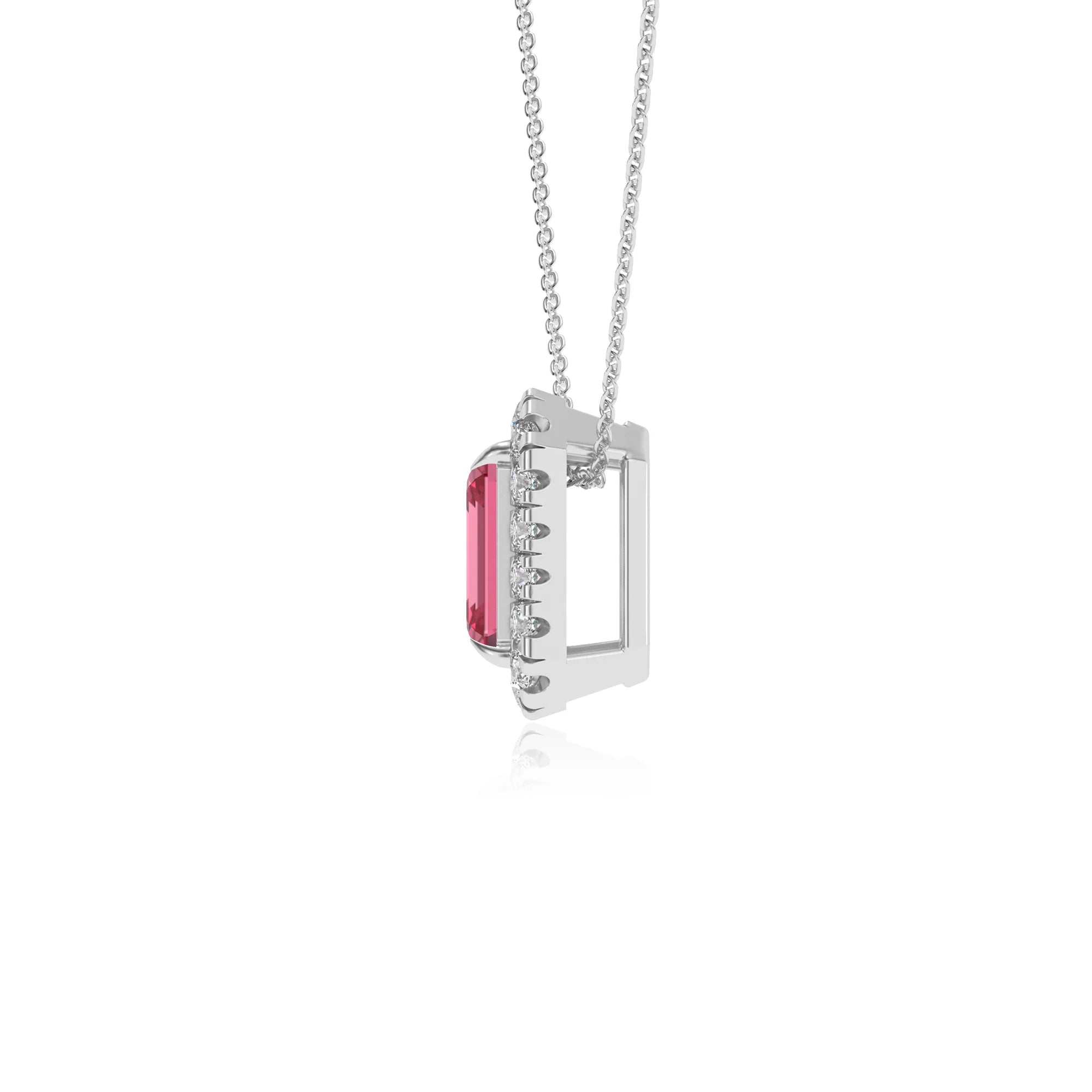 lab grown pink tourmaline emerald cut solitaire necklaces in sterling silver