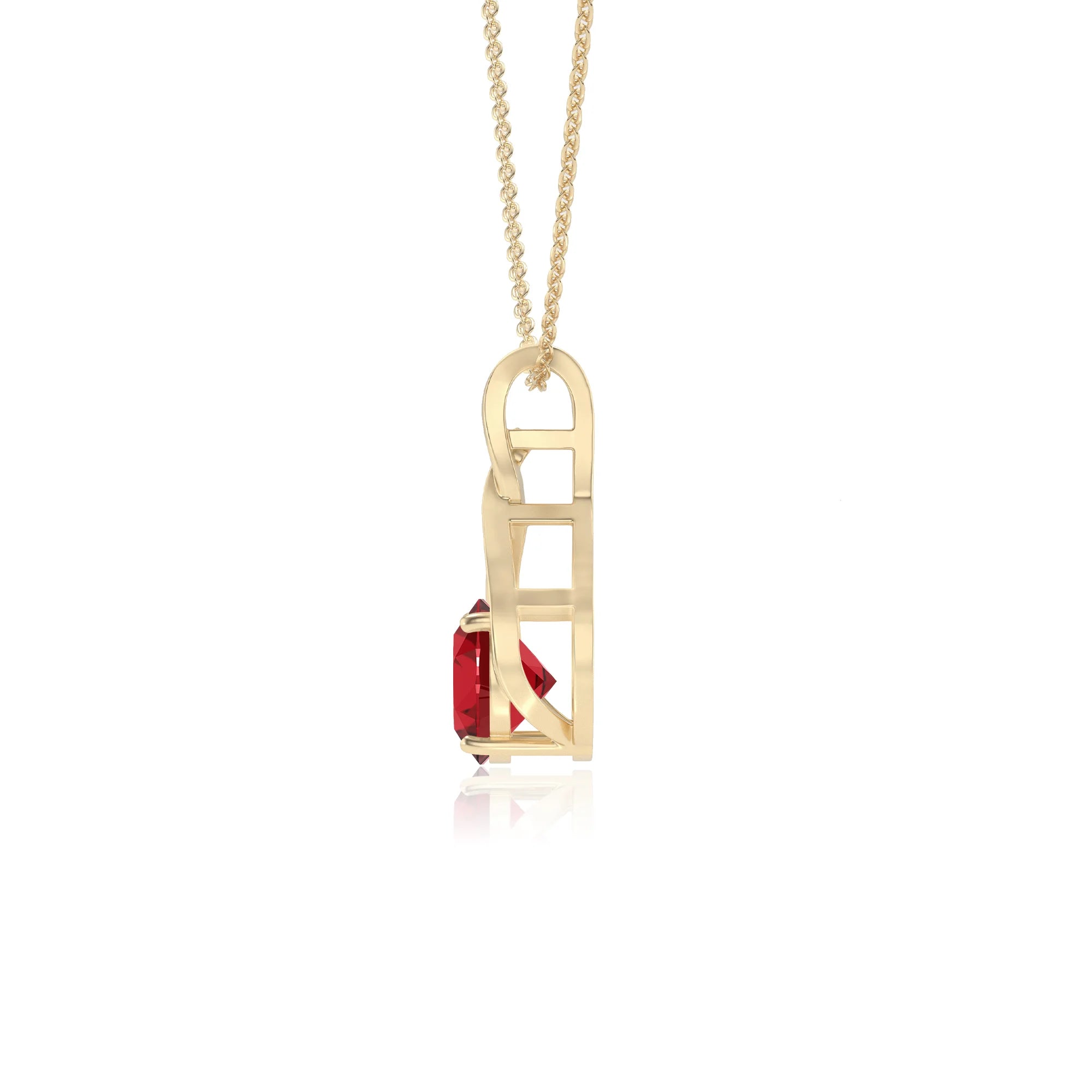lab grown ruby round solitaire necklaces in yellow gold