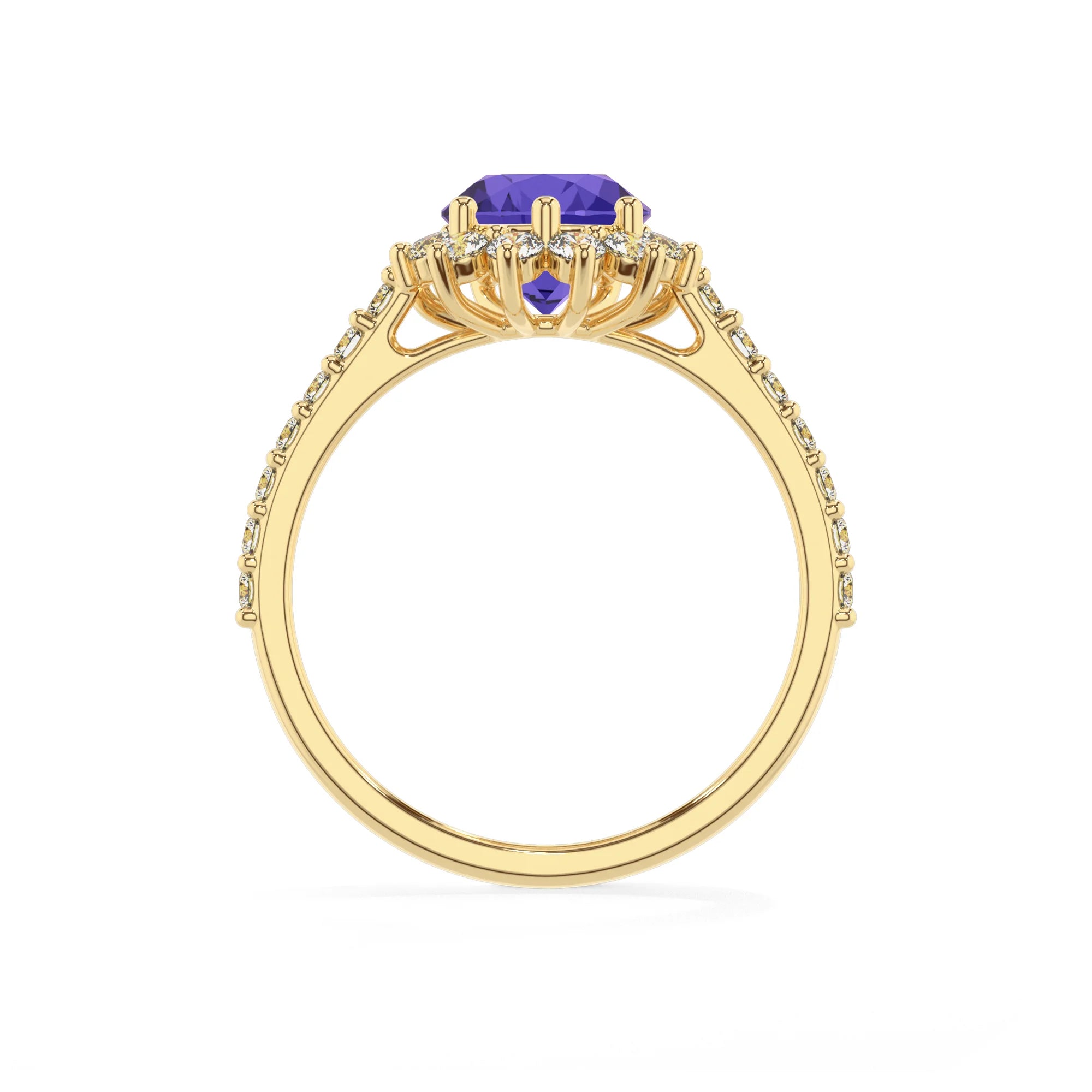 lab grown tanzanite pear solitaire rings in yellow gold