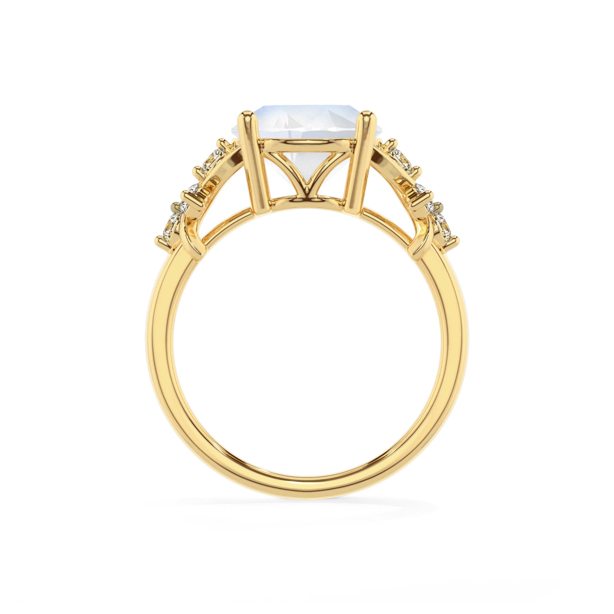 natural rainbow-moonstone round solitaire rings in yellow gold