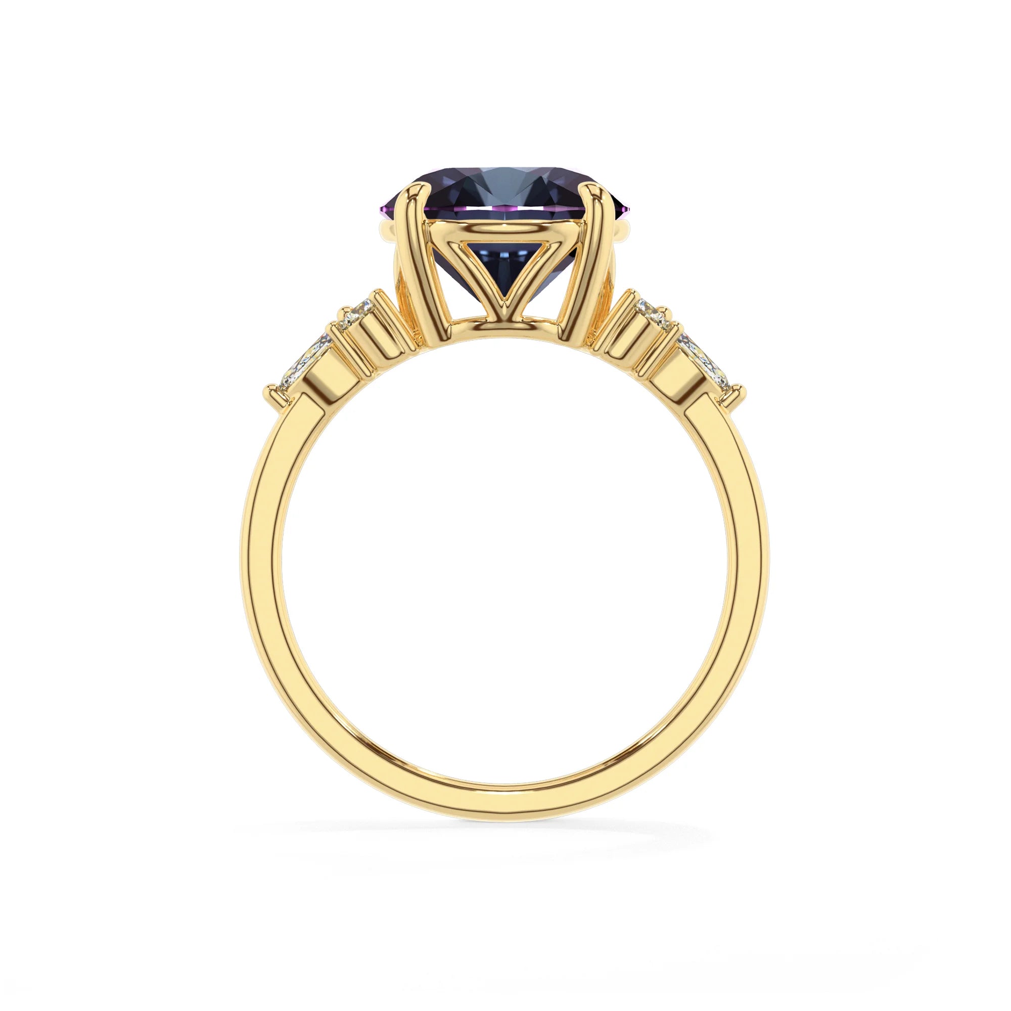 lab grown alexandrite round solitaire rings in yellow gold