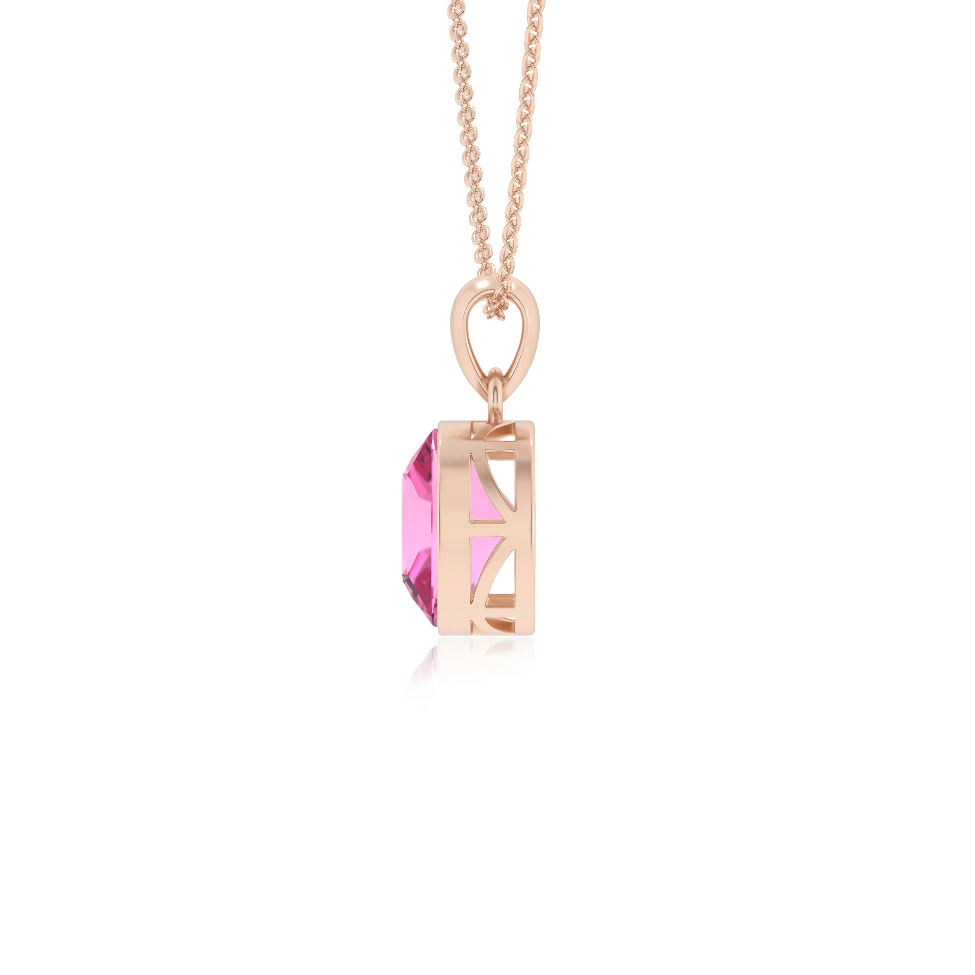 lab grown pink-sapphire cushion solitaire necklaces in rose gold