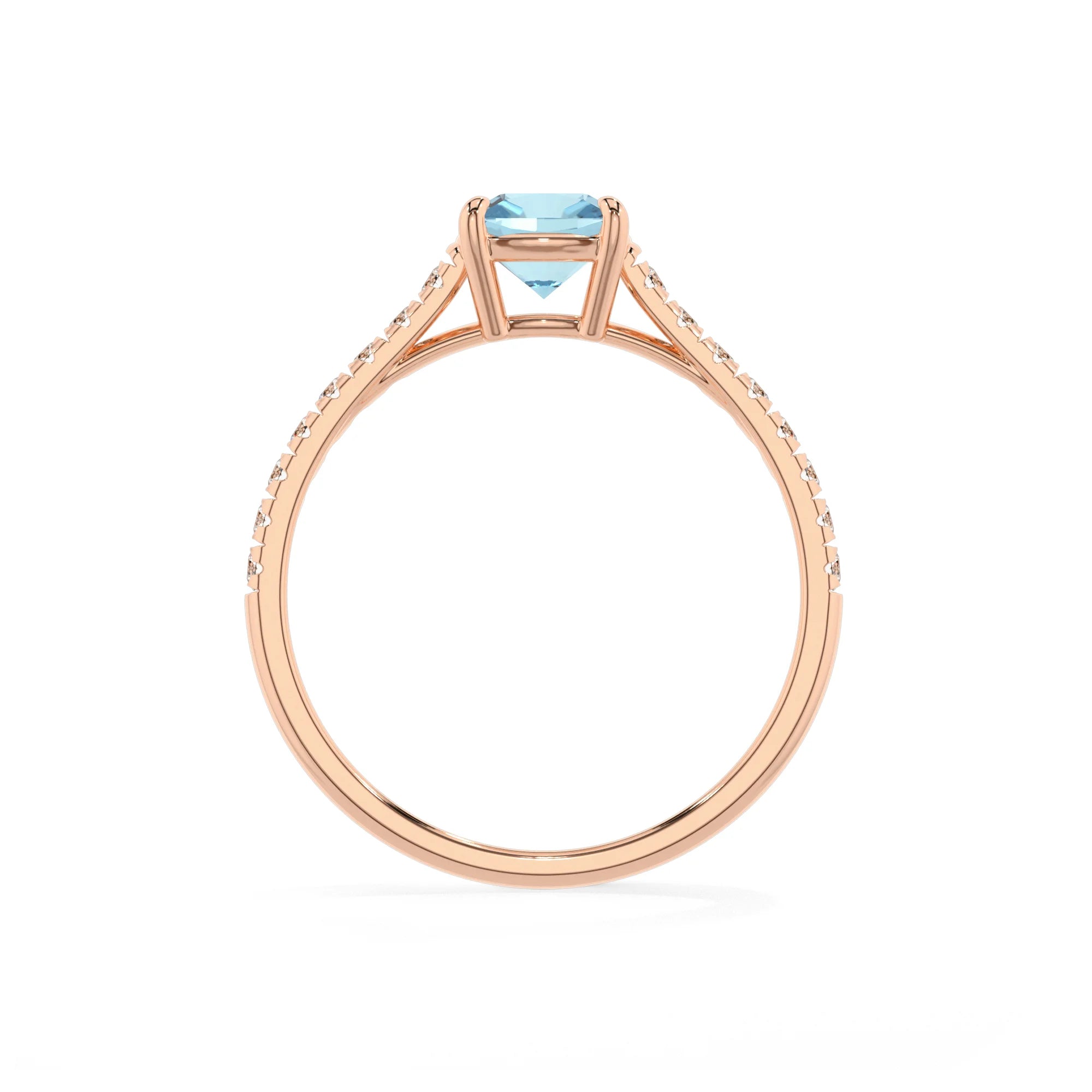 lab grown aquamarine cushion half eternity solitaire engagement rings in rose gold