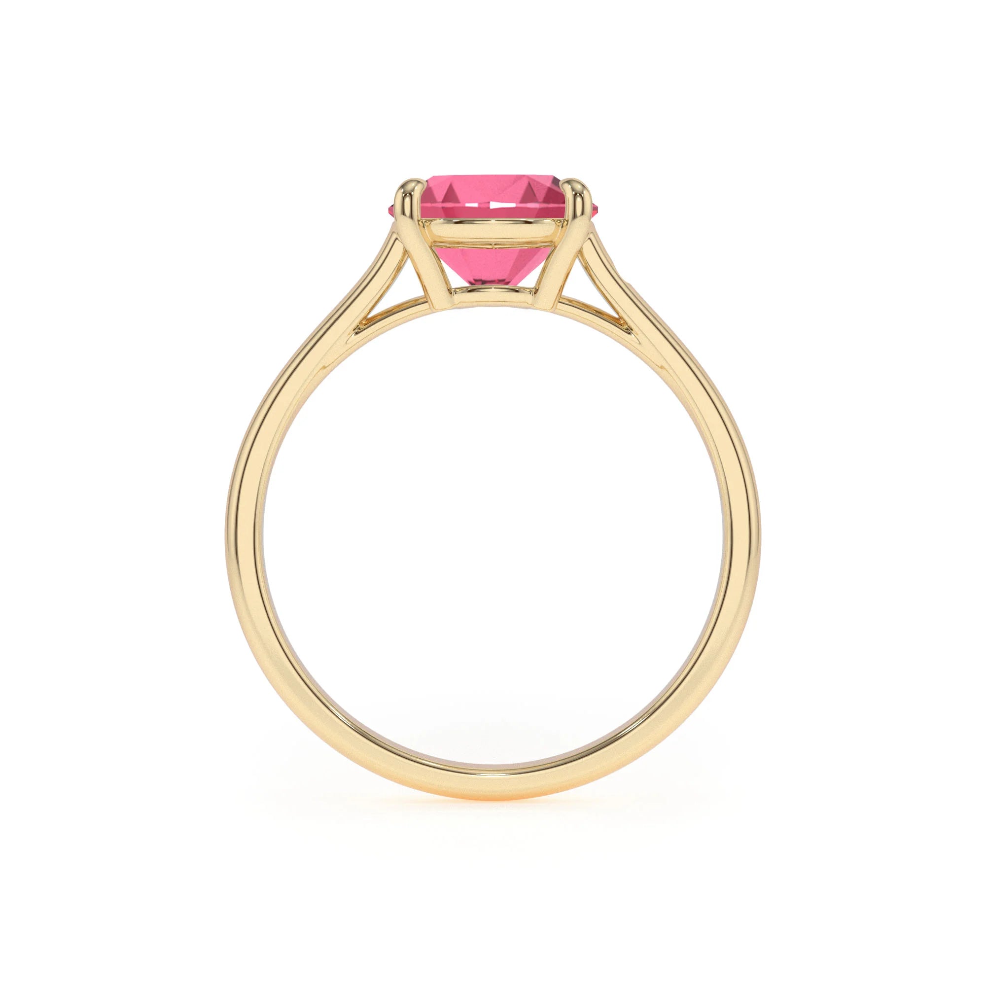 lab grown pink-tourmaline cushion solitaire rings in yellow gold