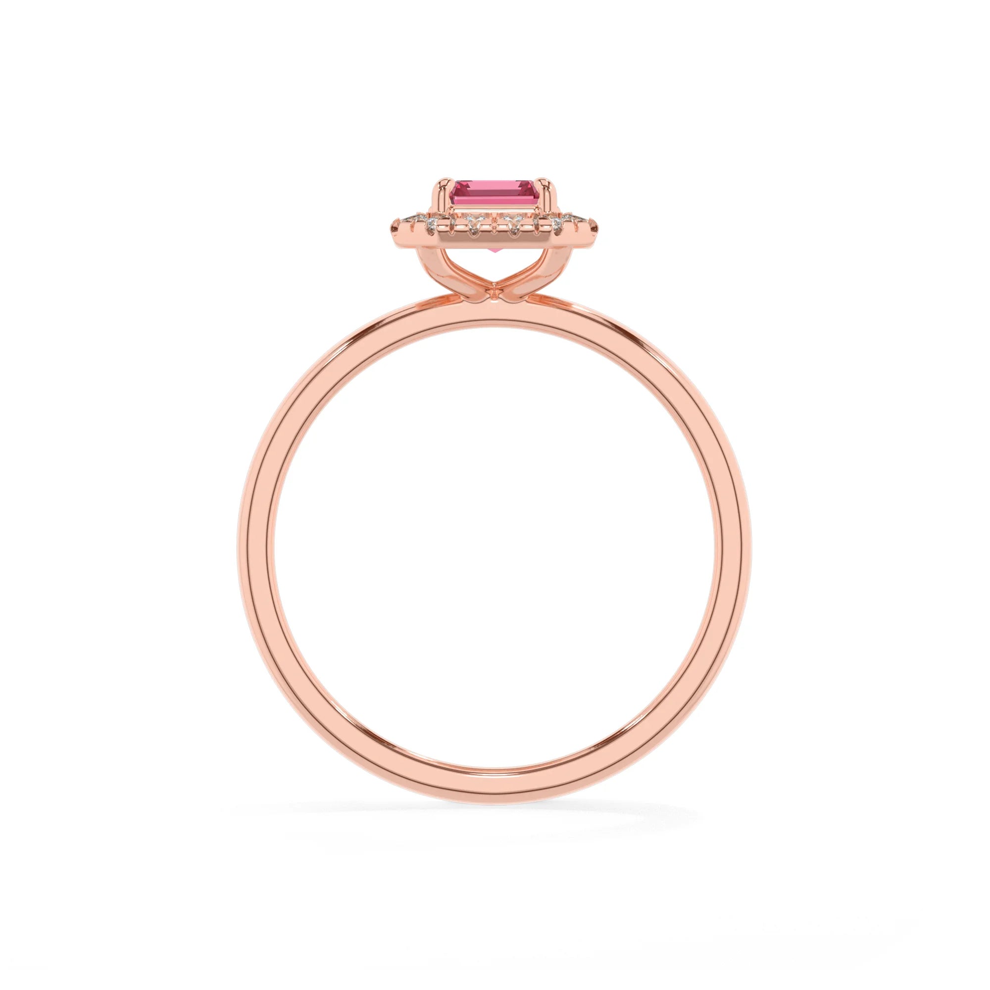 lab grown pink-tourmaline emerald cut solitaire rings in rose gold