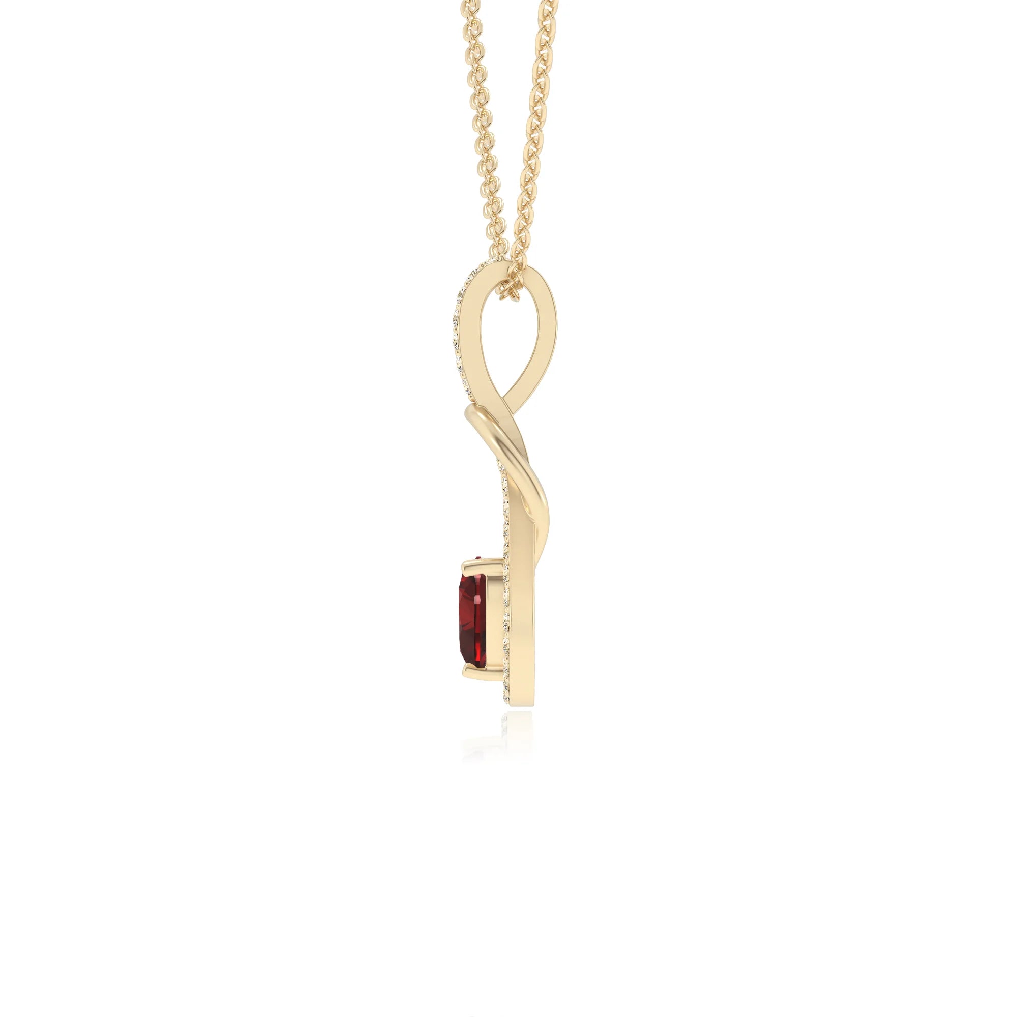 natural garnet heart infinity v-bale necklaces in yellow gold