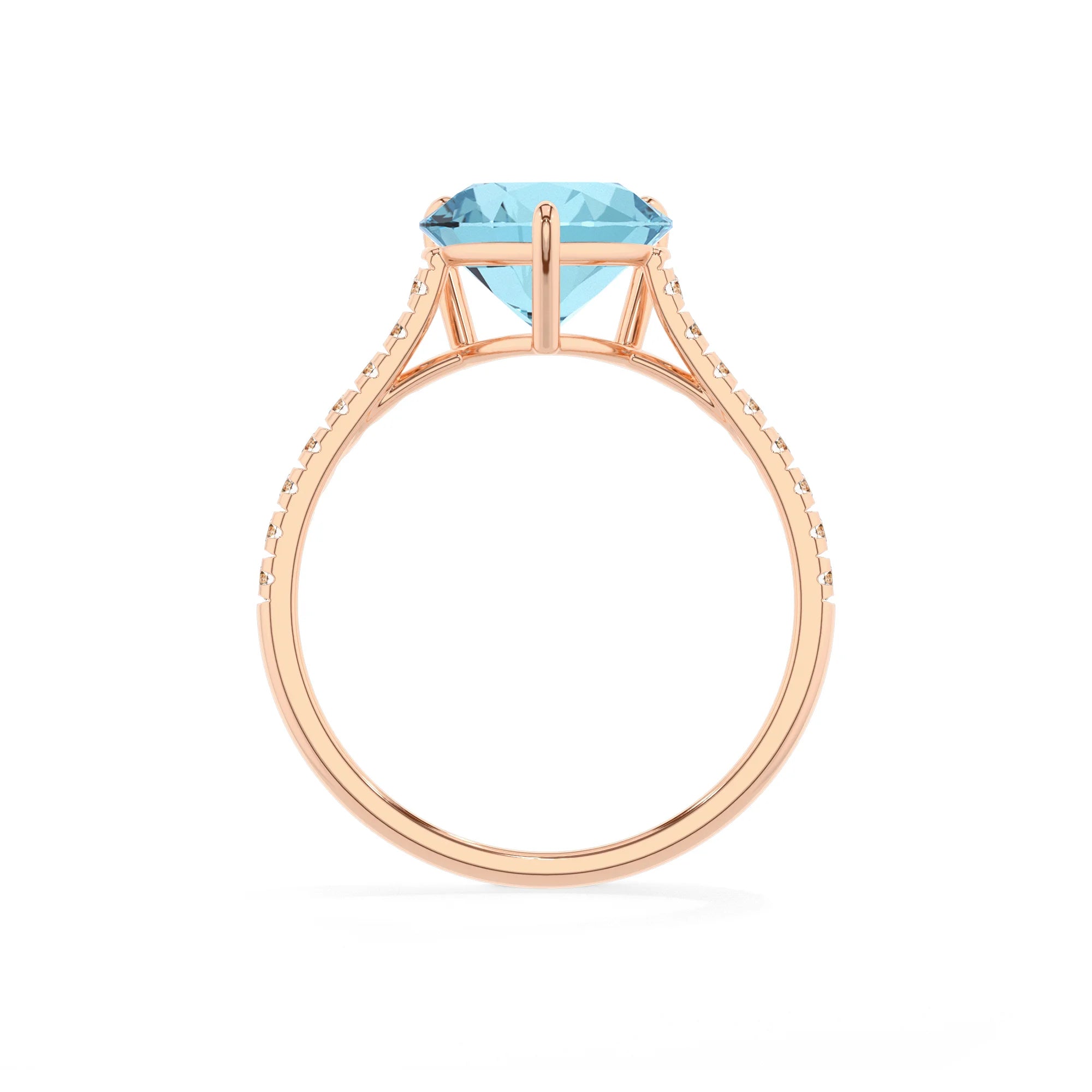 lab grown aquamarine heart half eternity solitaire engagement rings in rose gold