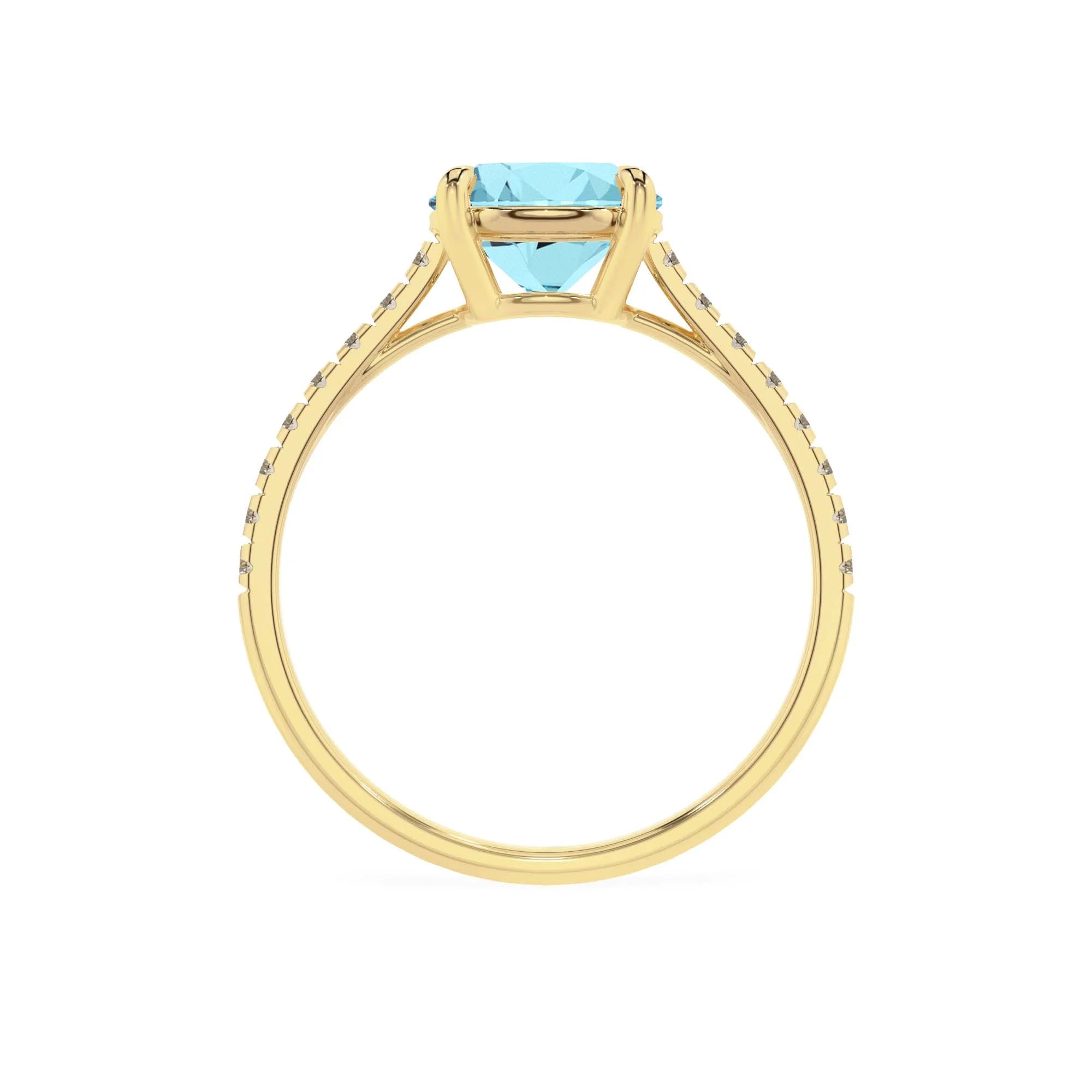 lab grown aquamarine round half eternity solitaire engagement rings in yellow gold
