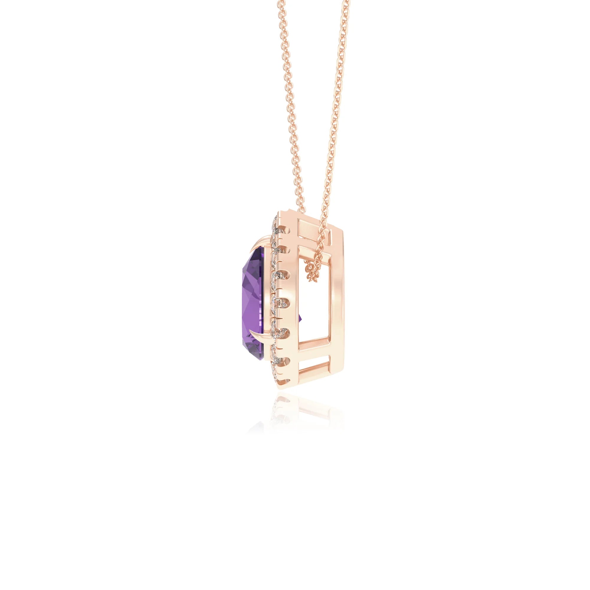lab grown amethyst pear solitaire necklaces in rose gold