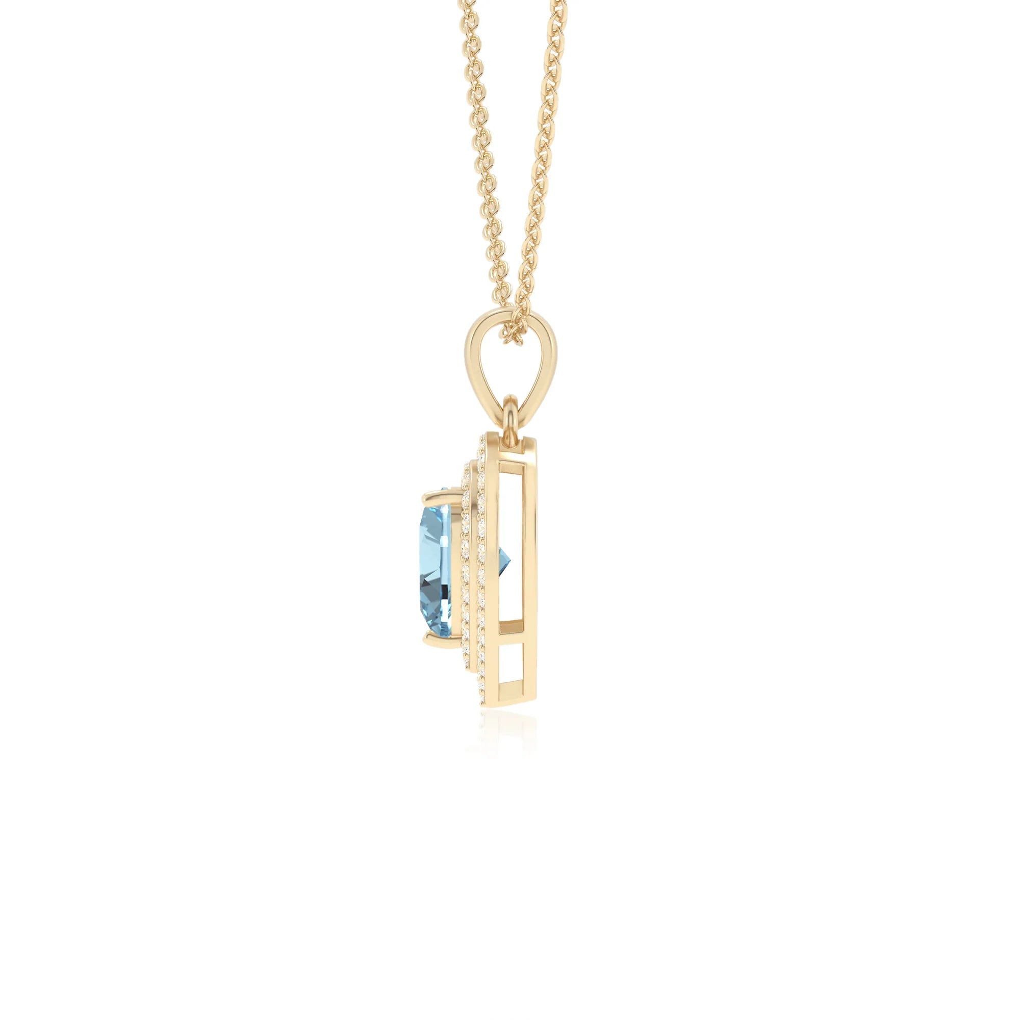 lab grown aquamarine heart halo necklaces in yellow gold