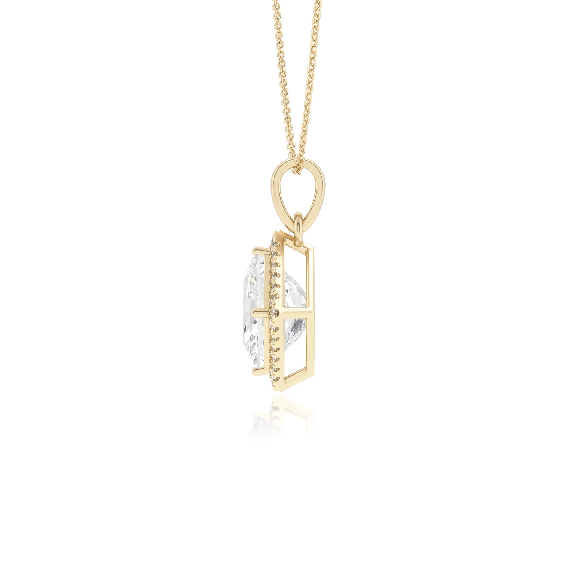 lab grown moissanite princess solitaire necklaces in yellow gold