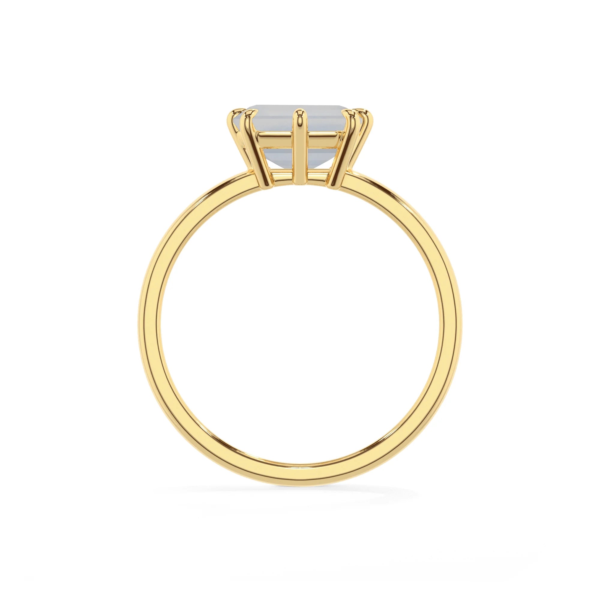 natural rainbow-moonstone emerald cut solitaire rings in yellow gold