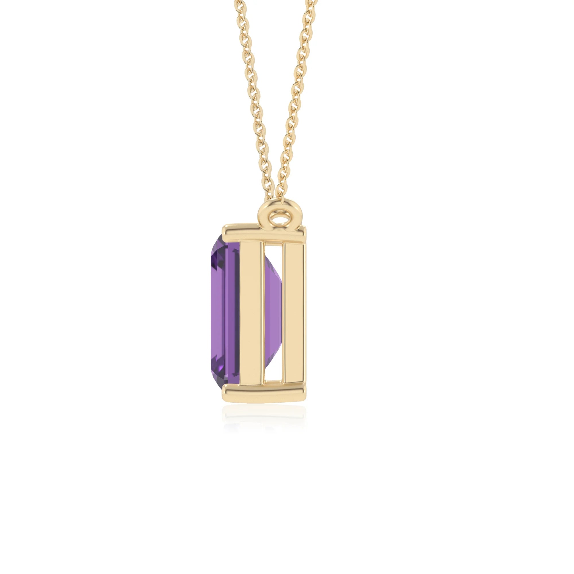 lab grown amethyst emerald cut solitaire necklaces in yellow gold