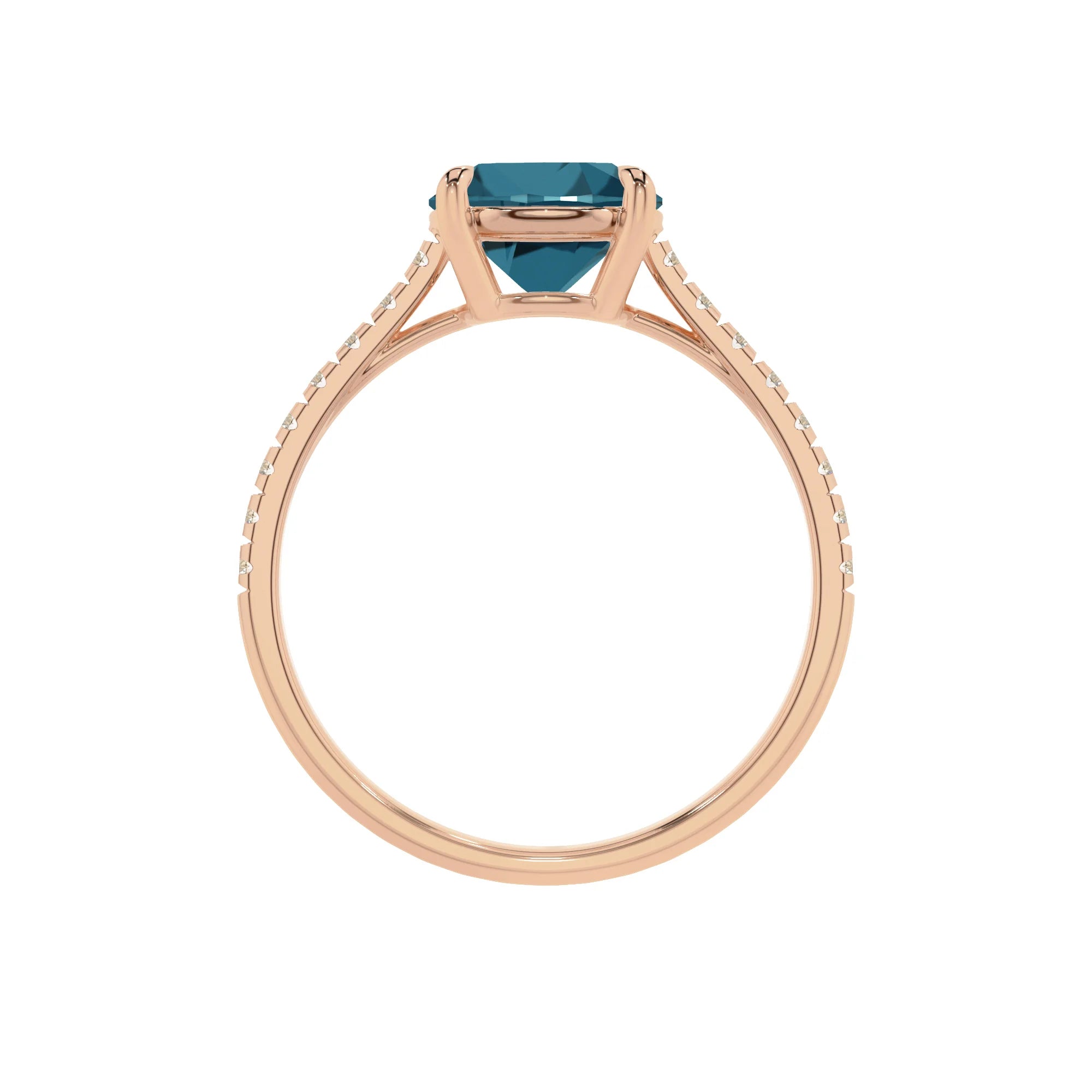 natural london-blue-topaz round half eternity solitaire engagement rings in rose gold