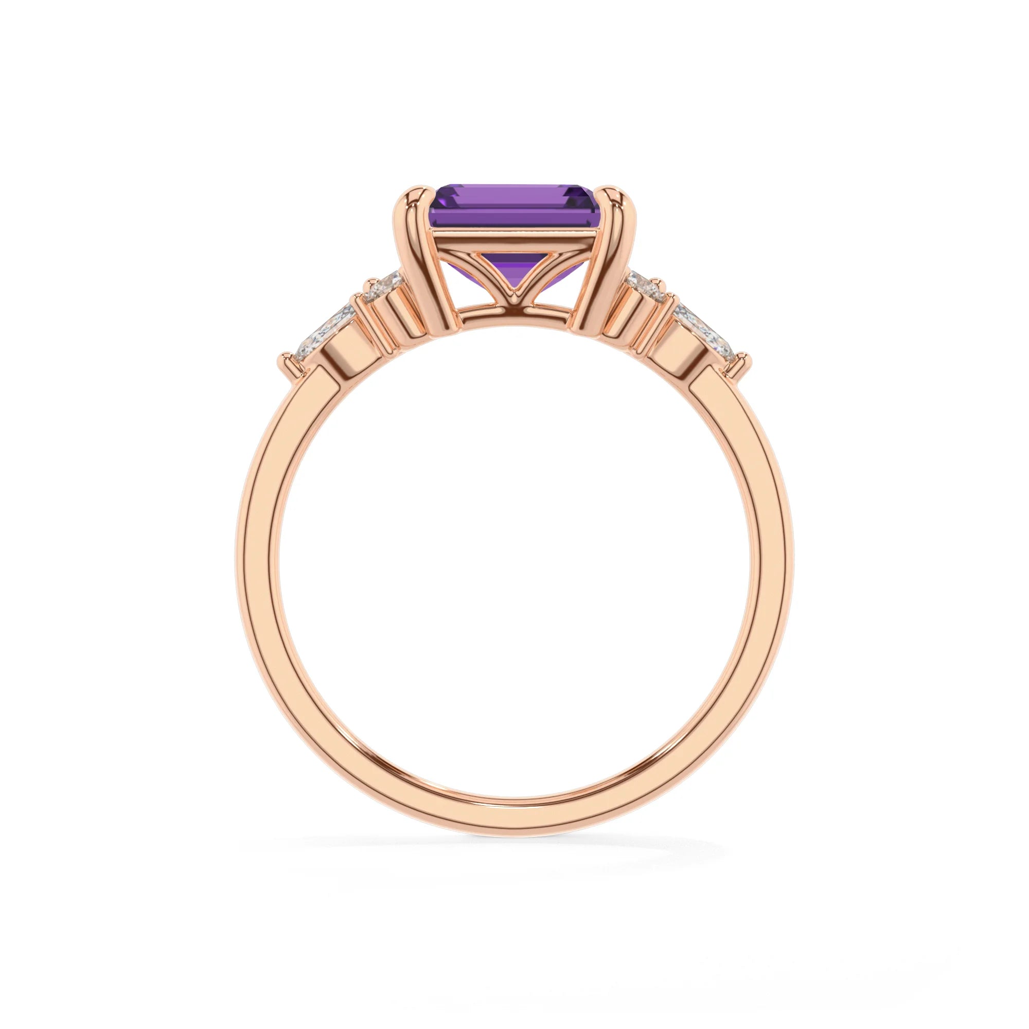 lab grown amethyst emerald cut solitaire rings in rose gold