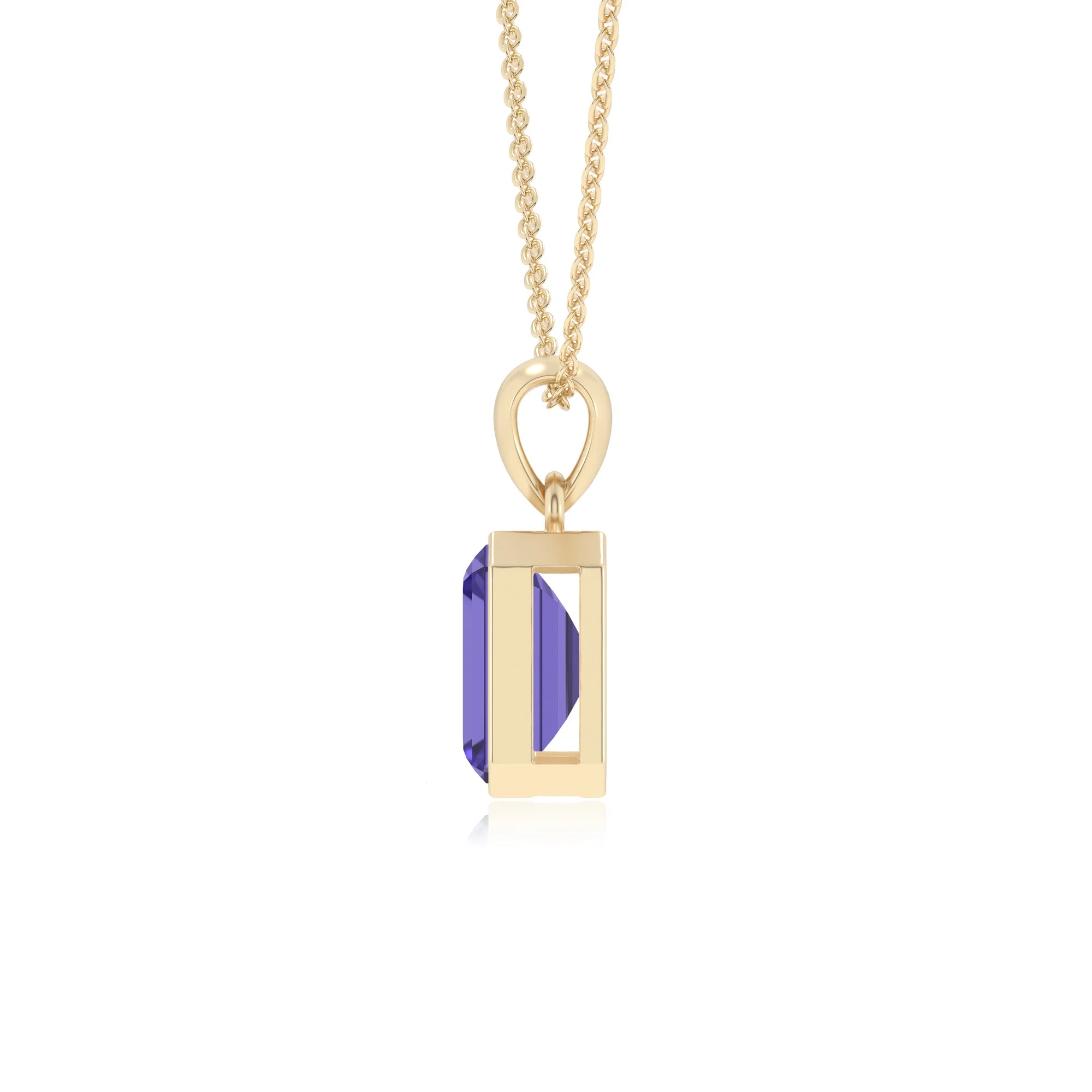 lab grown tanzanite emerald cut solitaire necklaces in yellow gold