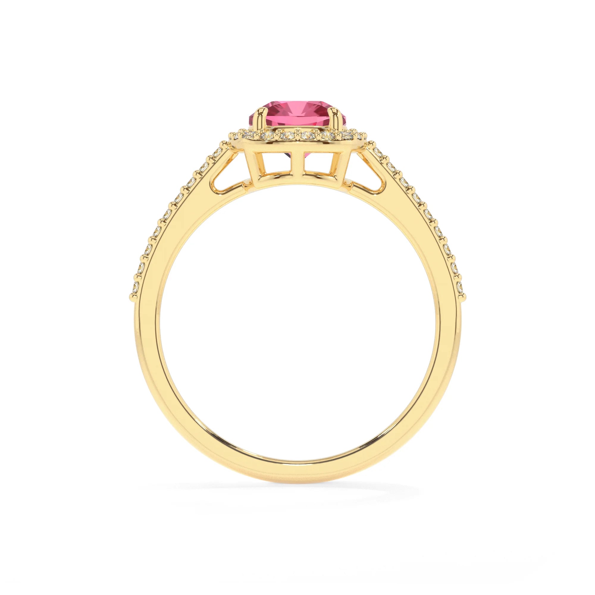 lab grown pink-tourmaline cushion solitaire rings in yellow gold