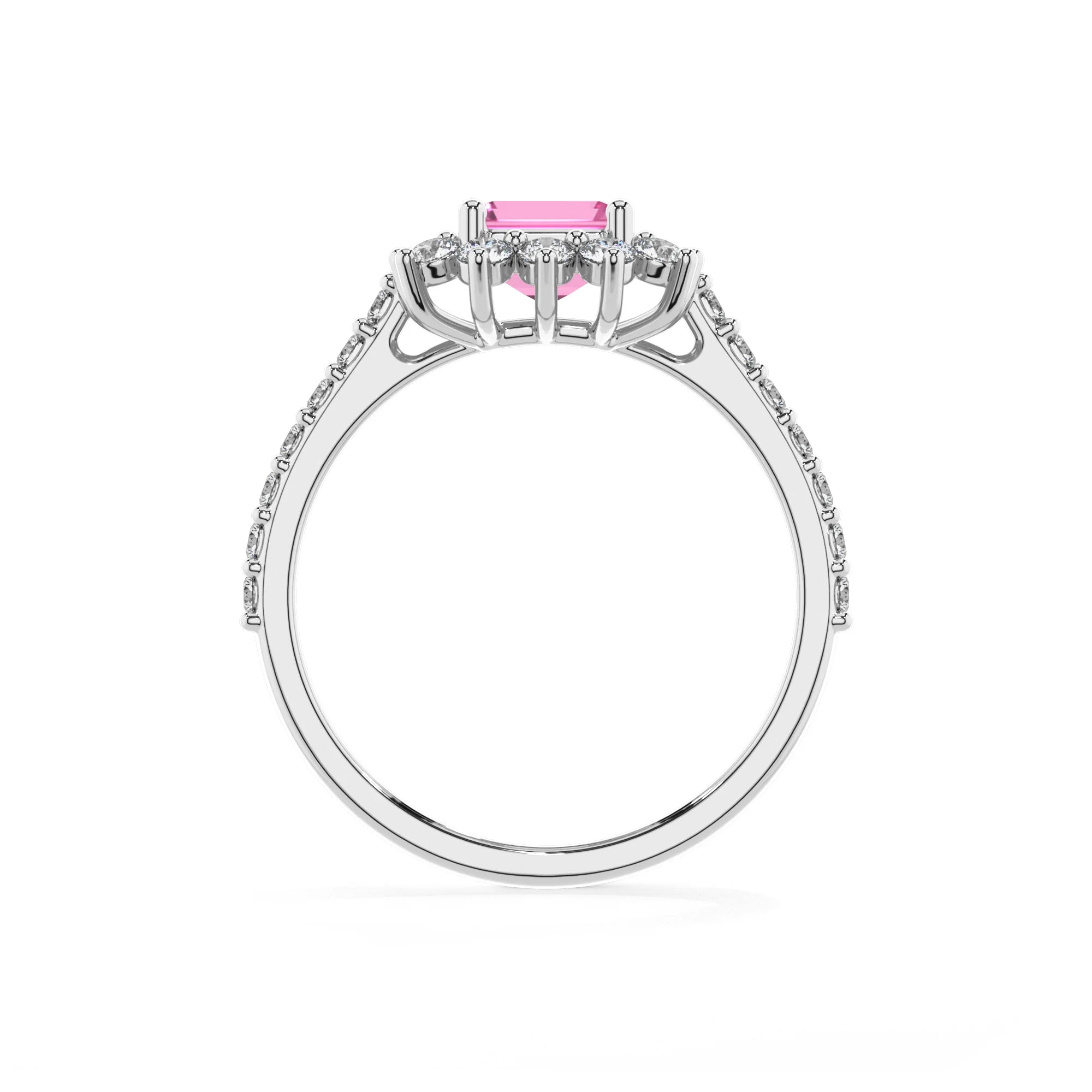 lab grown pink-sapphire emerald cut solitaire rings in platinum