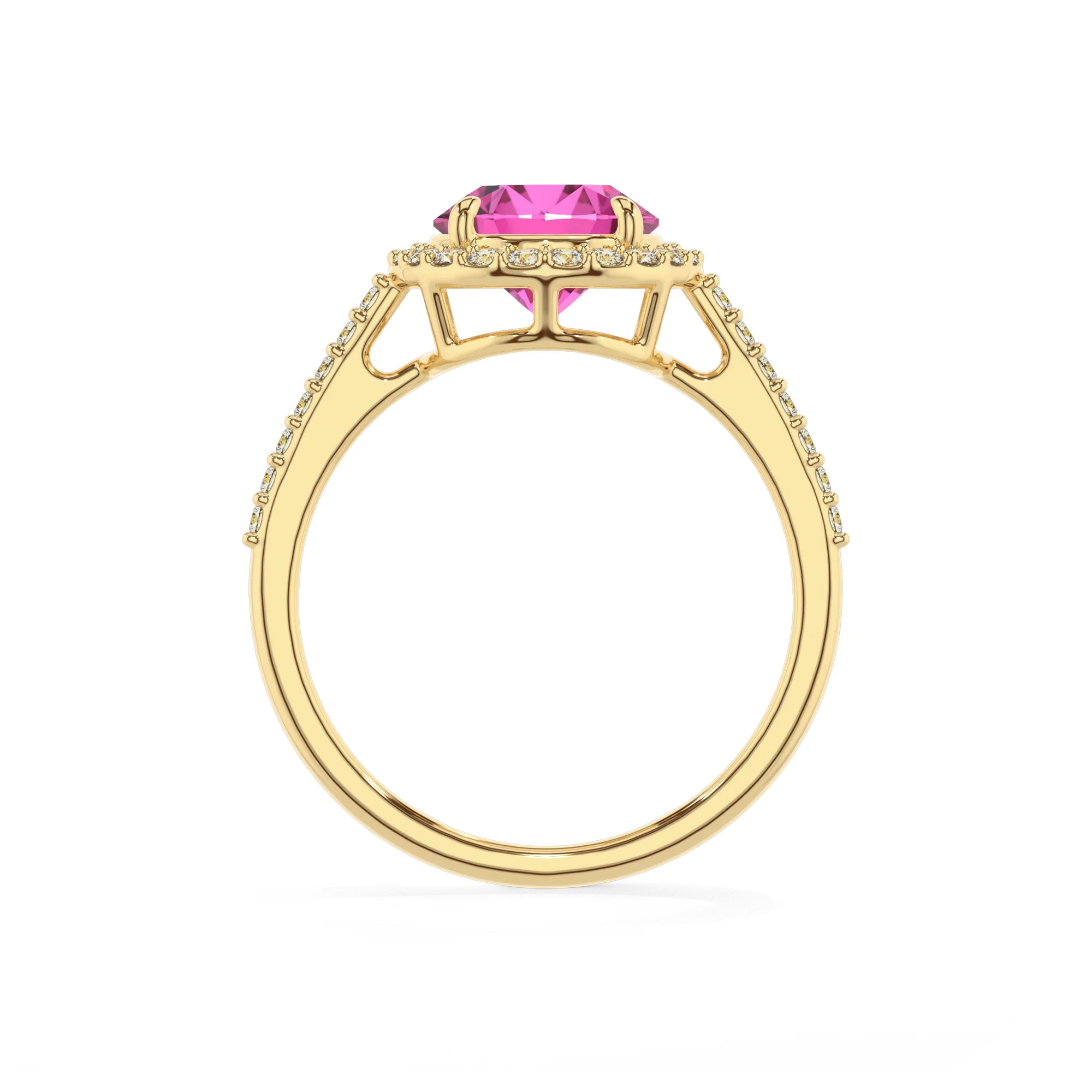 lab grown pink-sapphire round solitaire rings in yellow gold
