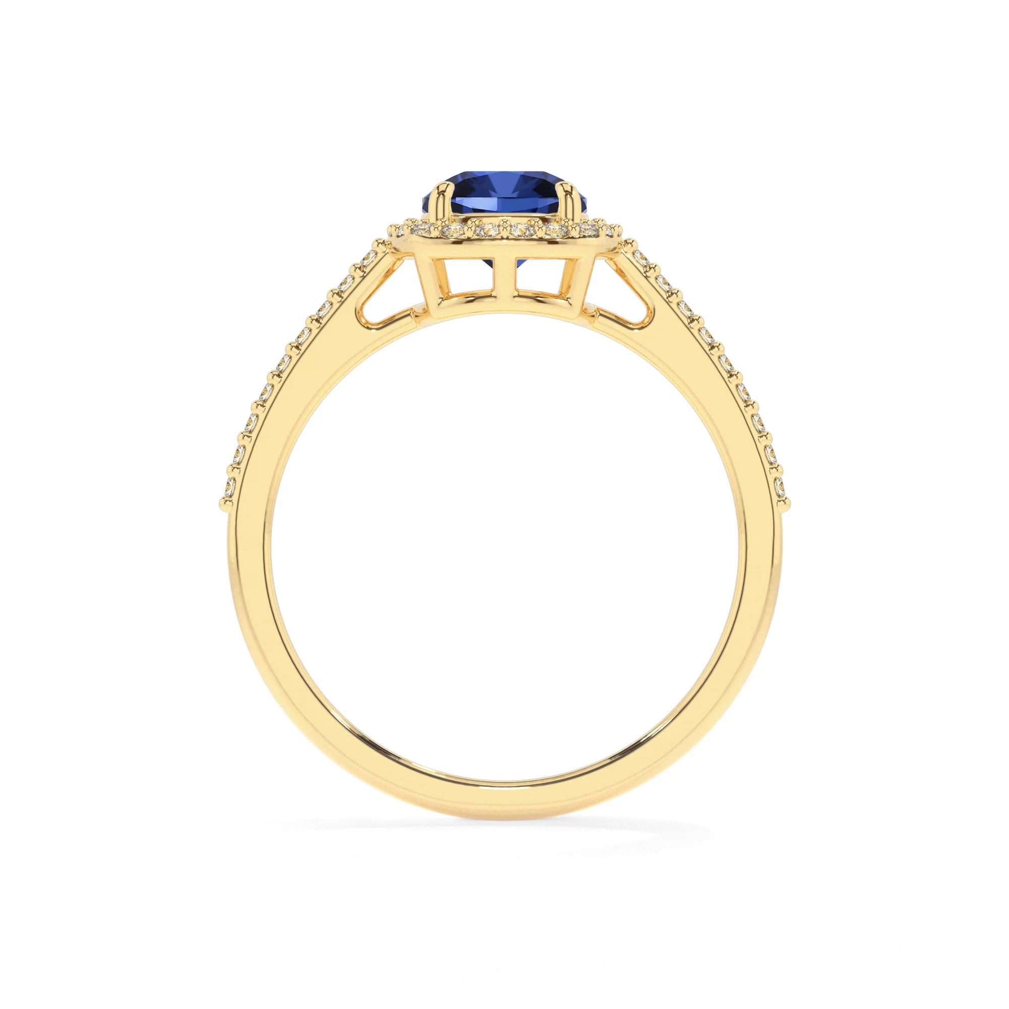 lab grown blue-sapphire cushion solitaire rings in yellow gold