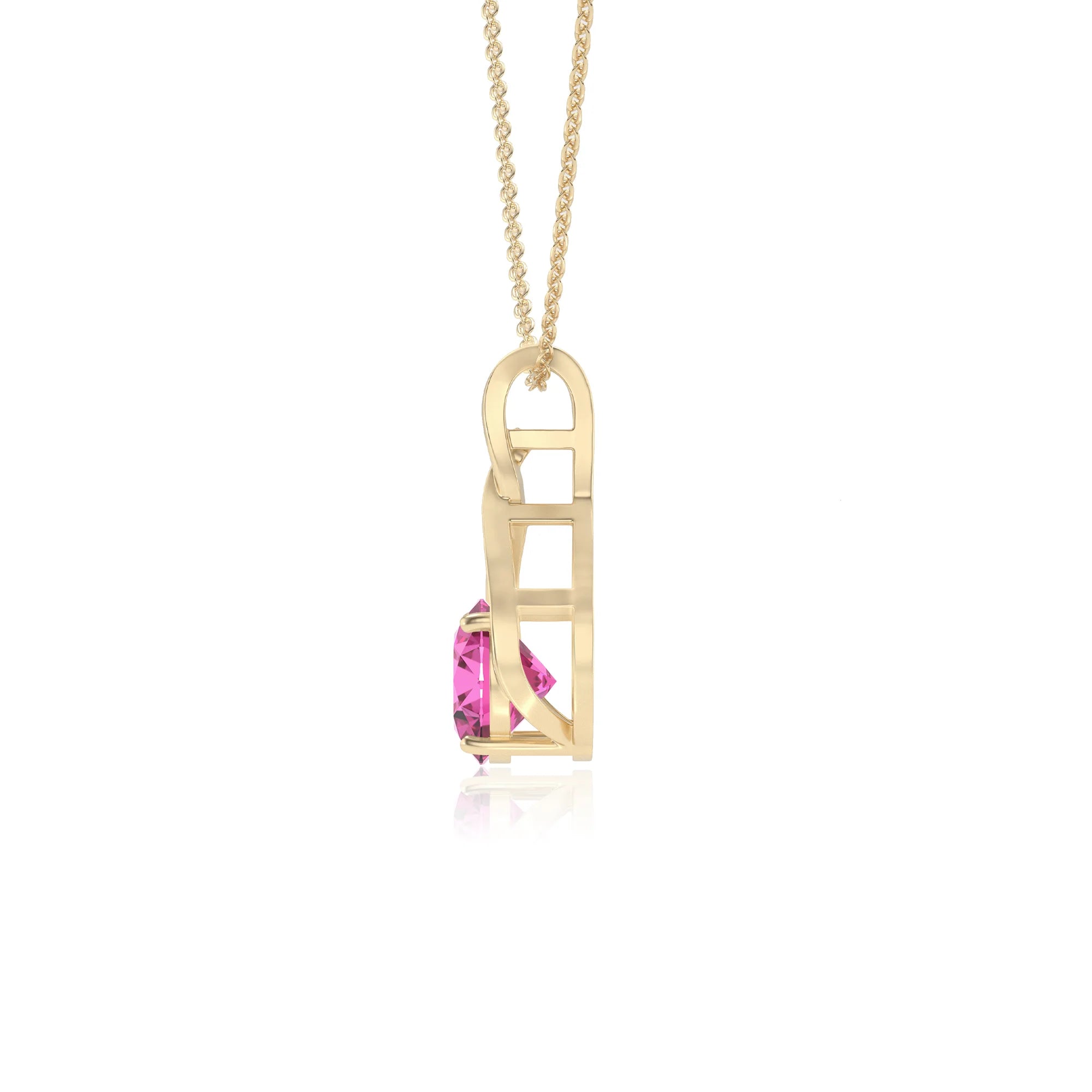 lab grown pink-sapphire round solitaire necklaces in yellow gold