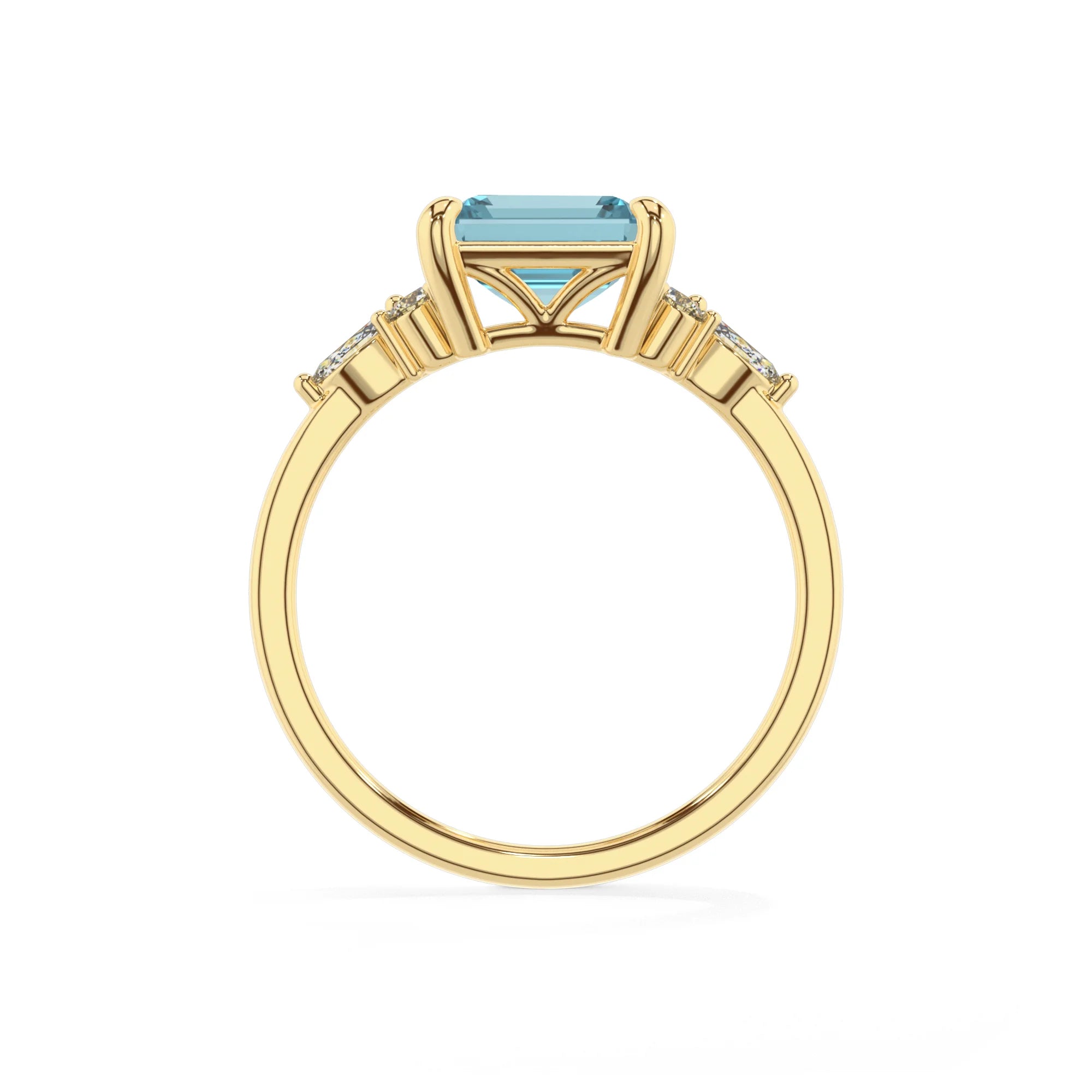 lab grown aquamarine emerald cut solitaire rings in yellow gold