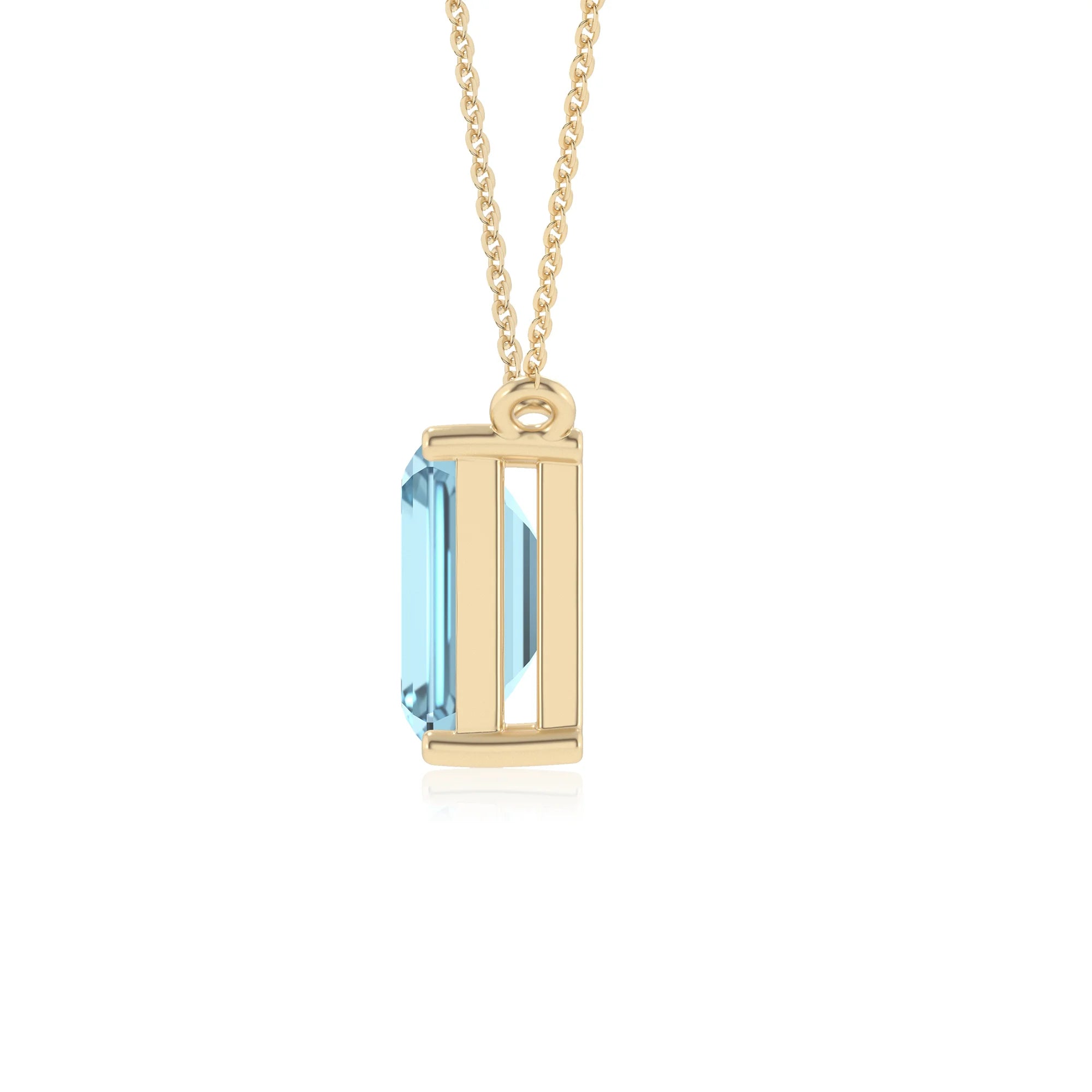 lab grown aquamarine emerald cut solitaire necklaces in yellow gold