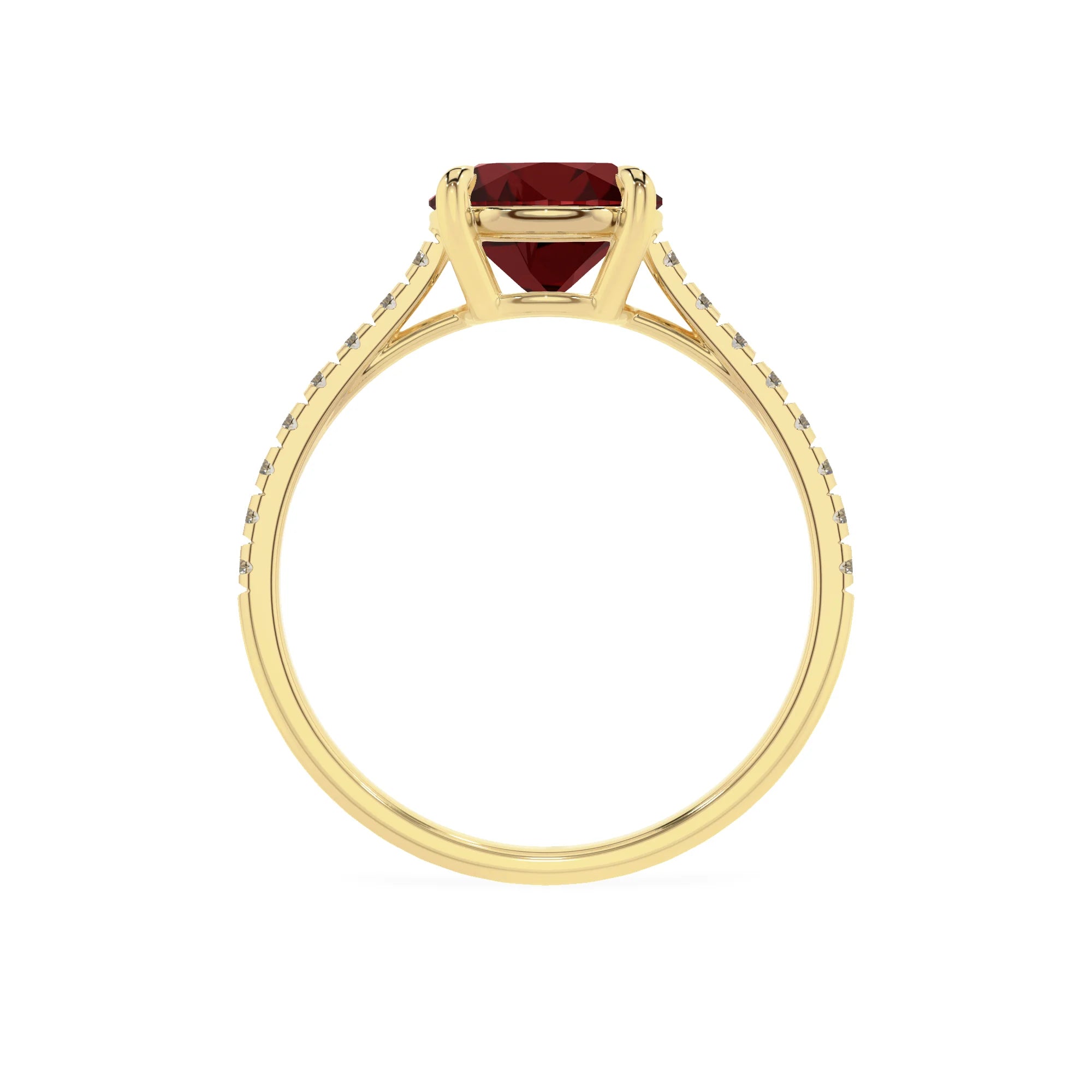 natural garnet round half eternity solitaire engagement rings in yellow gold