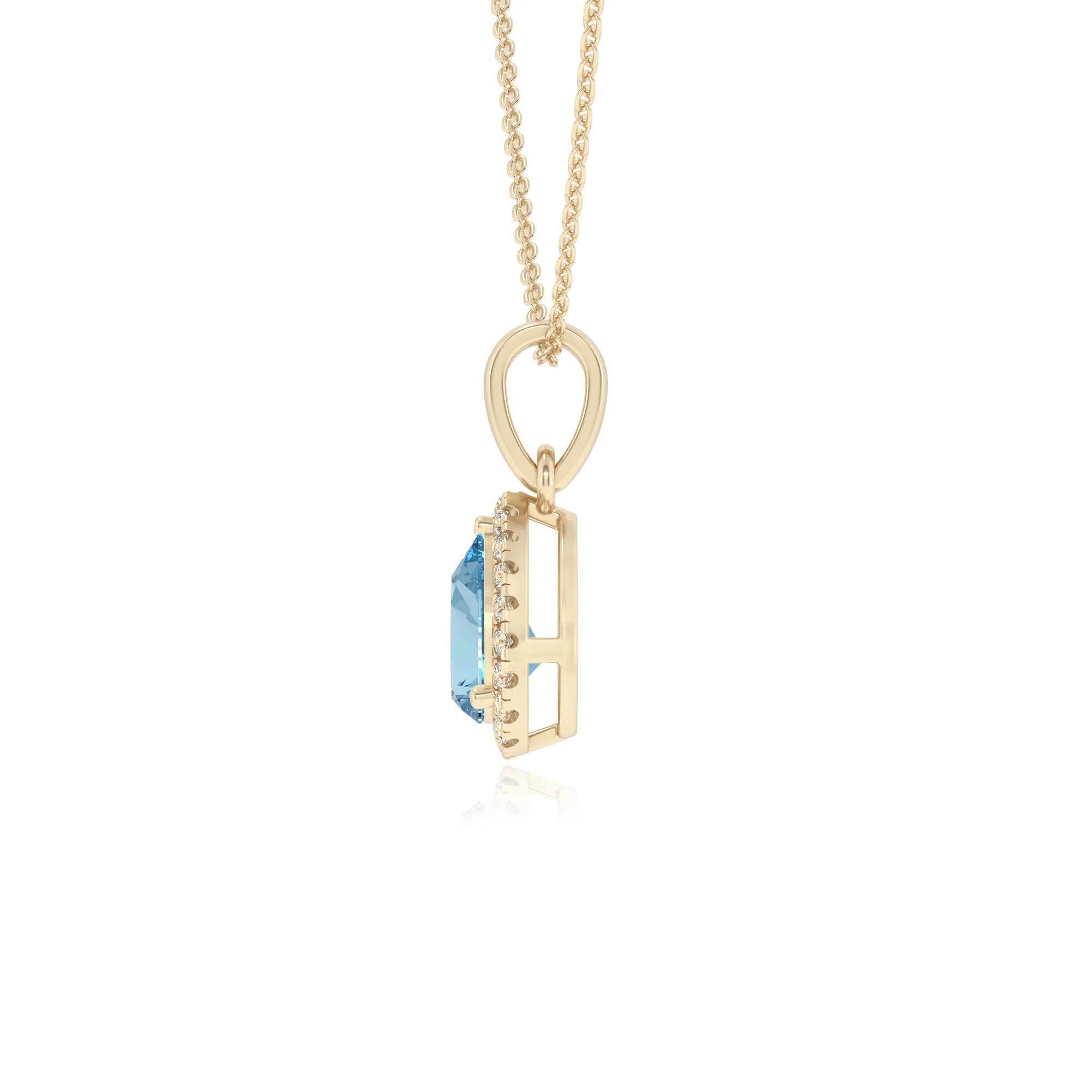 lab grown aquamarine pear solitaire necklaces in yellow gold
