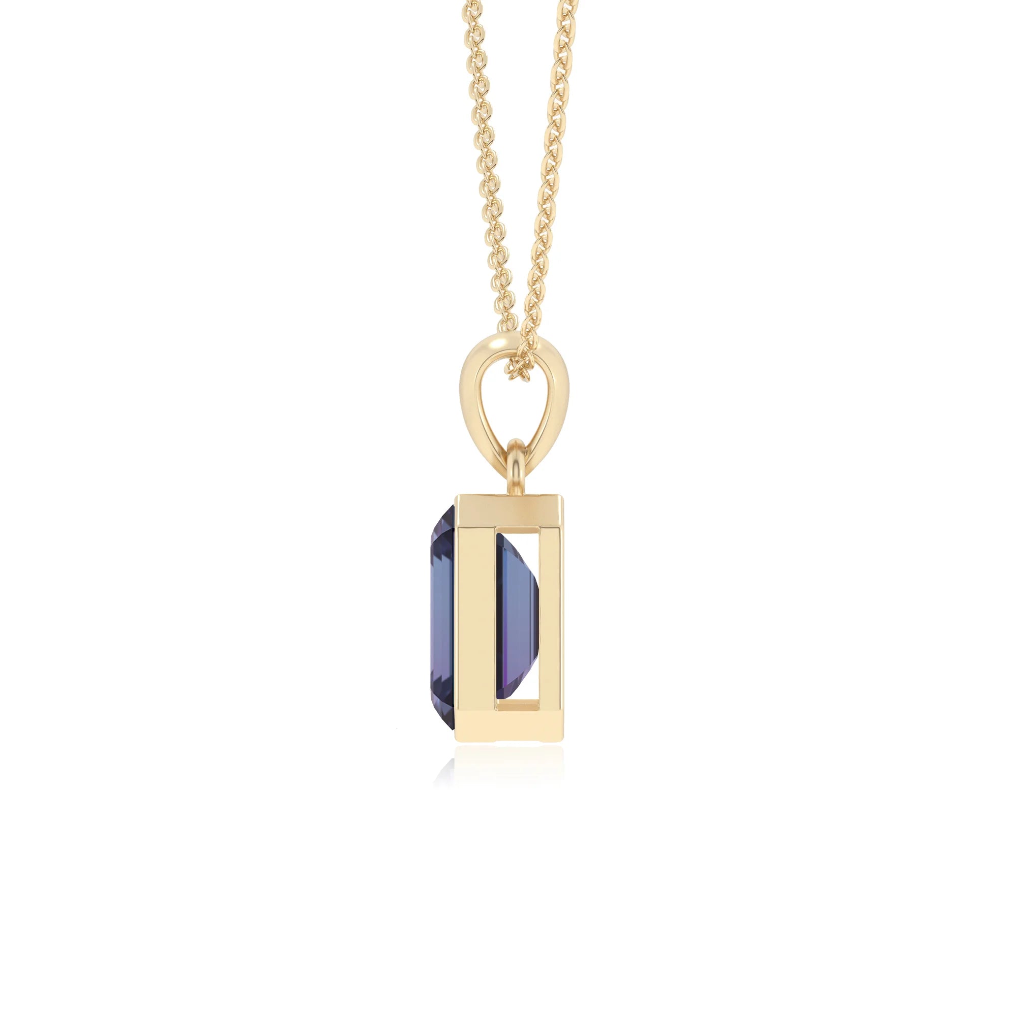 lab grown alexandrite emerald cut solitaire necklaces in yellow gold