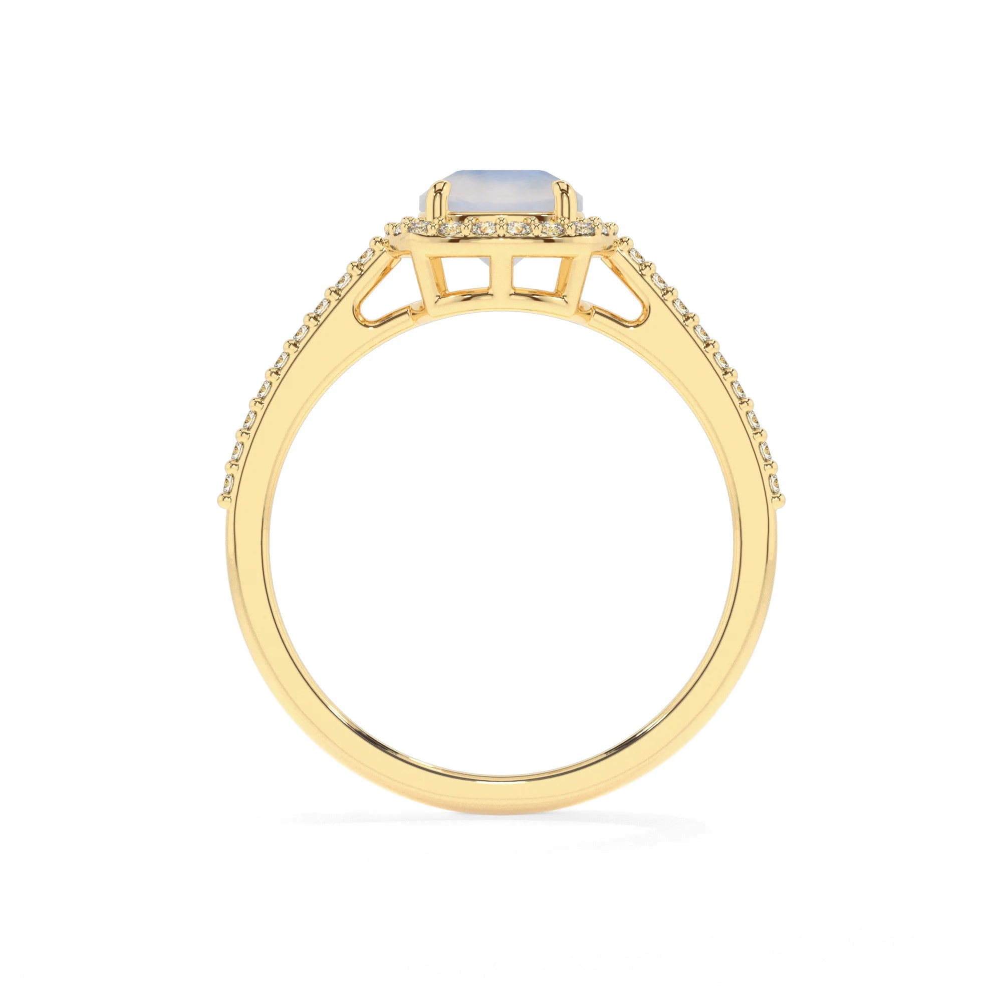 natural rainbow-moonstone cushion solitaire rings in yellow gold