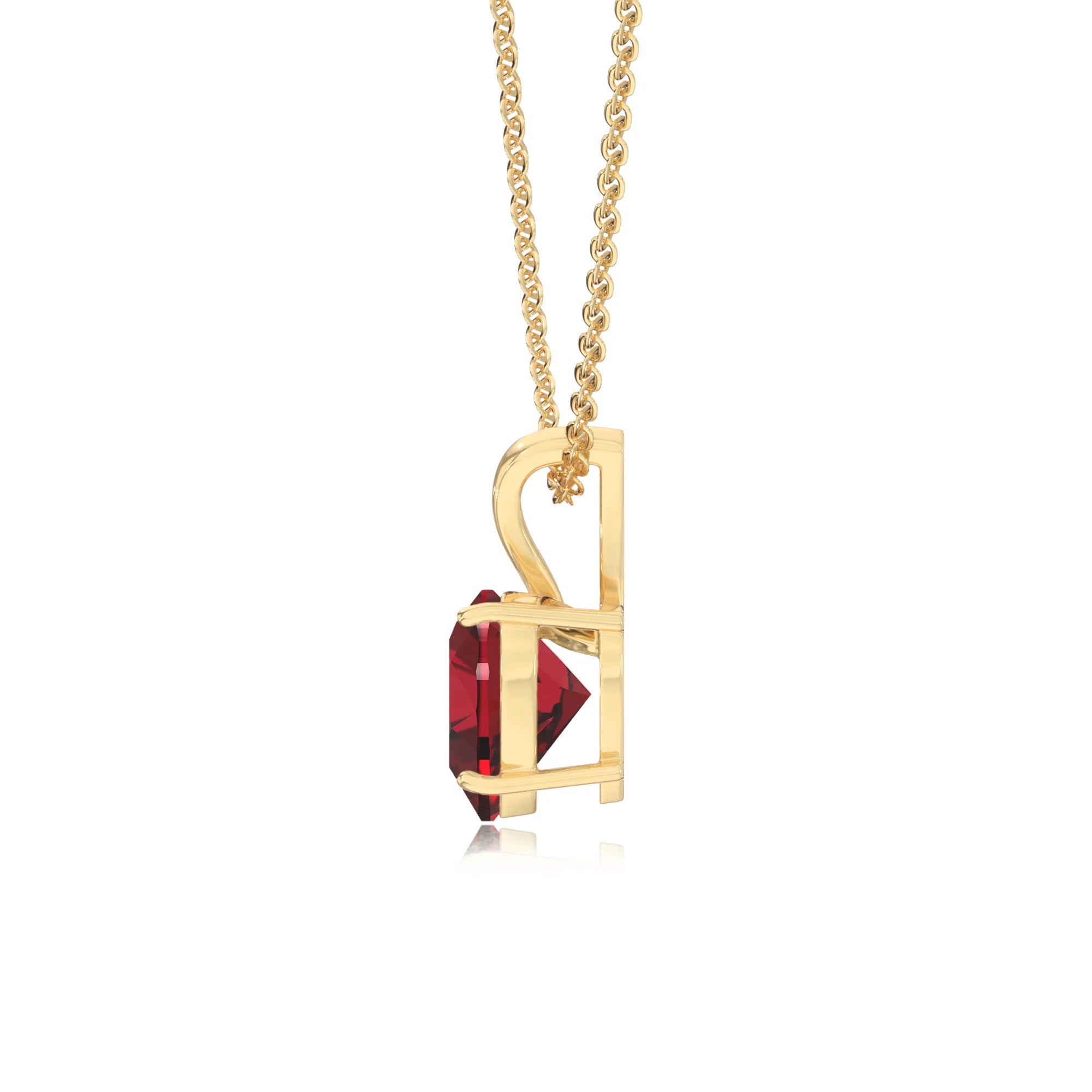 lab grown ruby heart solitaire v-bale necklaces in yellow gold