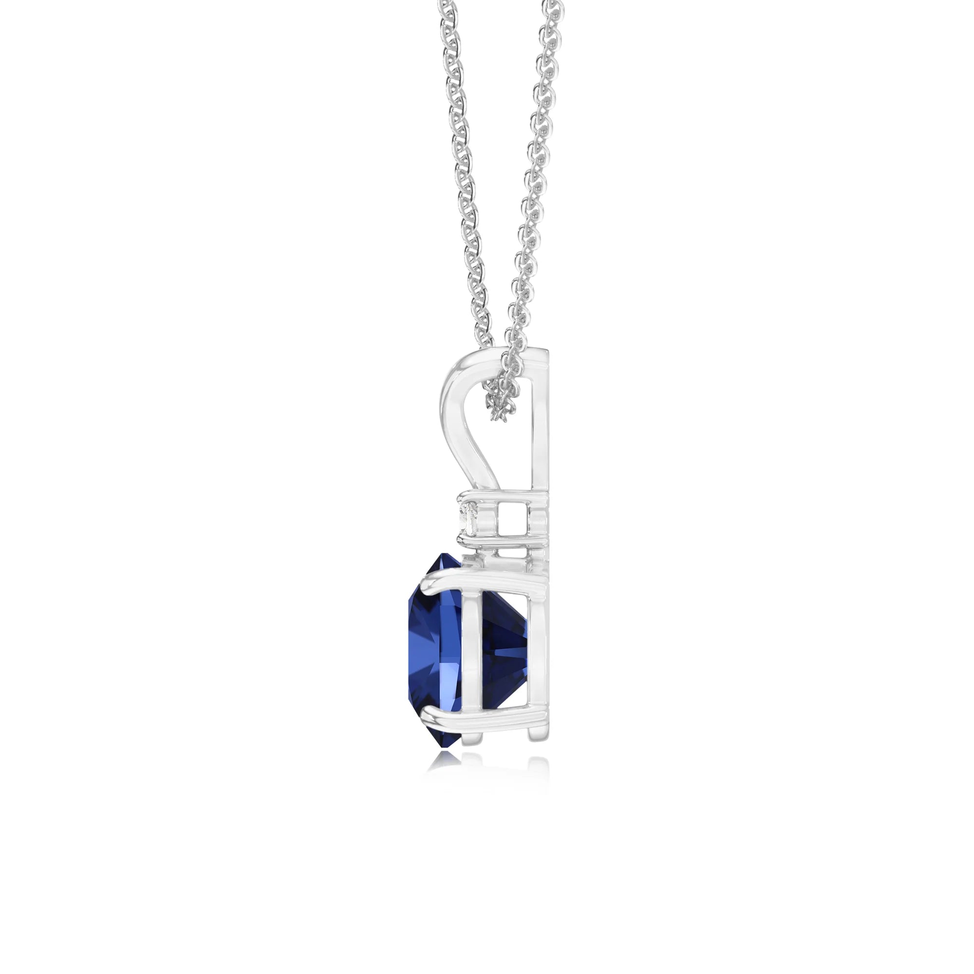 lab grown blue-sapphire cushion solitaire v-bale necklaces in platinum