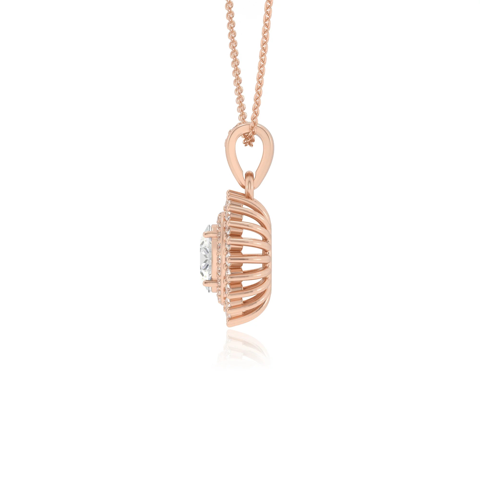 lab grown moissanite oval halo necklaces in rose gold