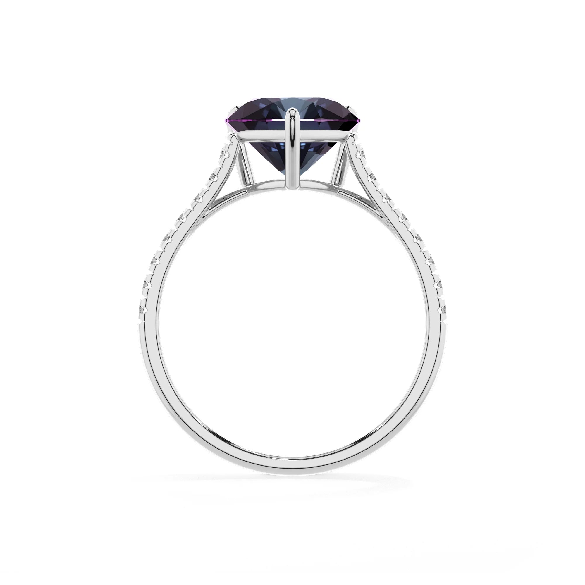 lab grown alexandrite heart half eternity solitaire engagement rings in sterling silver