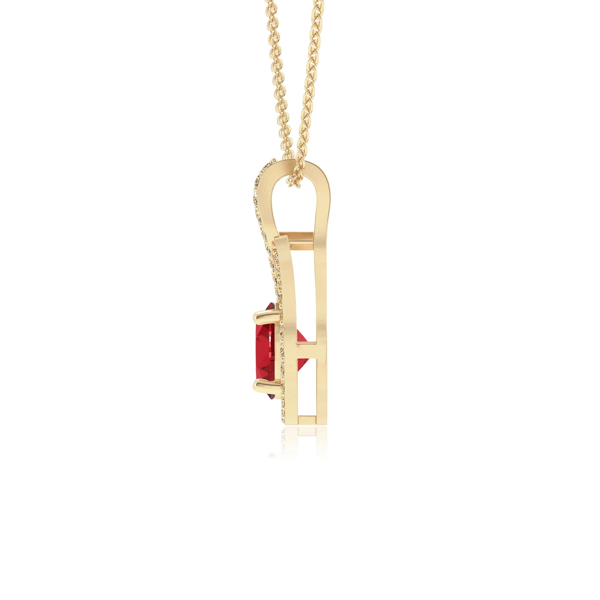 lab grown ruby round solitaire necklaces in yellow gold
